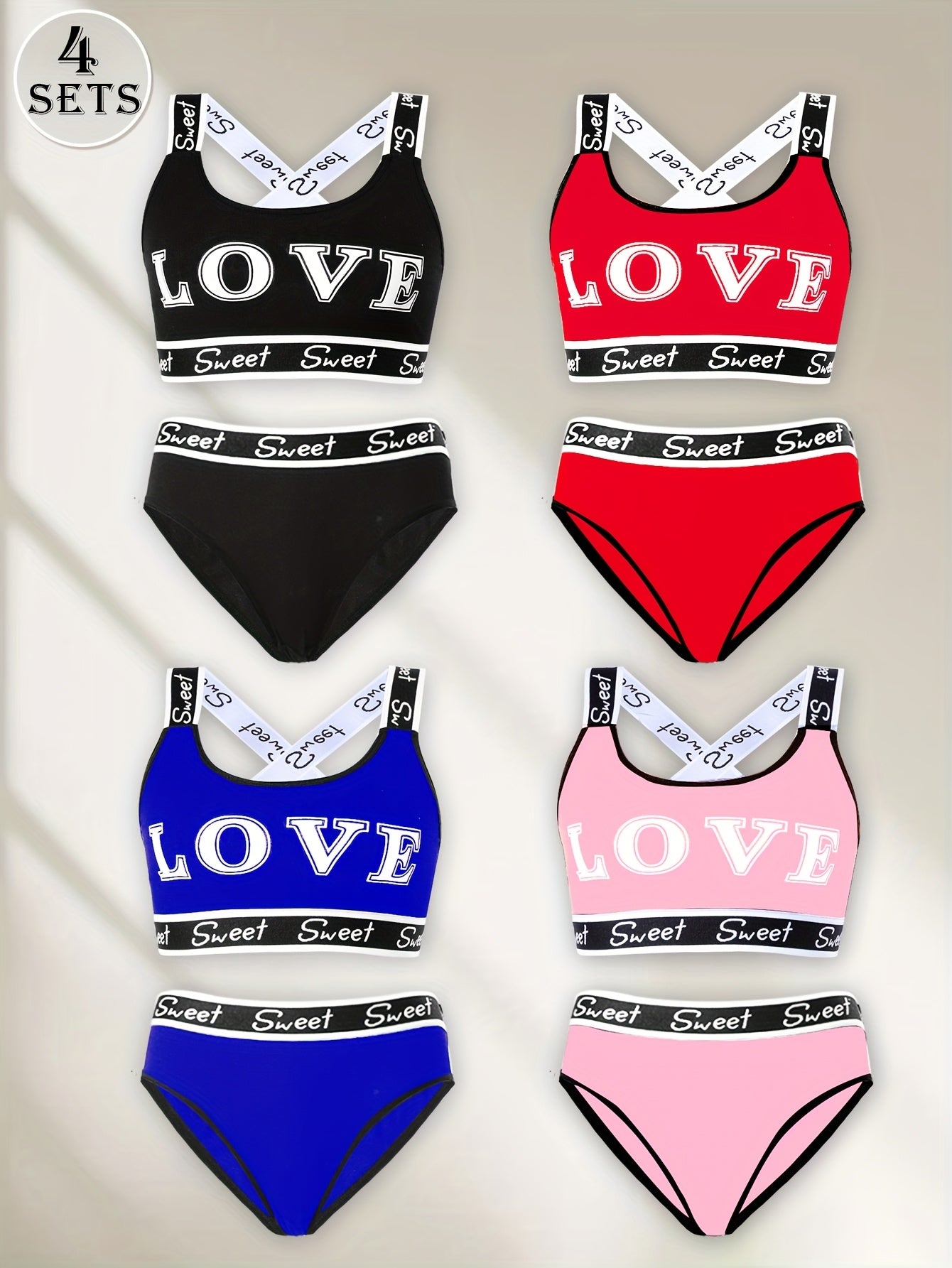 [Monogrammed Bra Set] 4 Sets Women's Monogrammed Bra Set | Fashion LOVE Pattern, Contrast Trim, Quick-Drying Ice Silky Fabric - Comfortable & Breathable for Swimming, Gym, Yoga