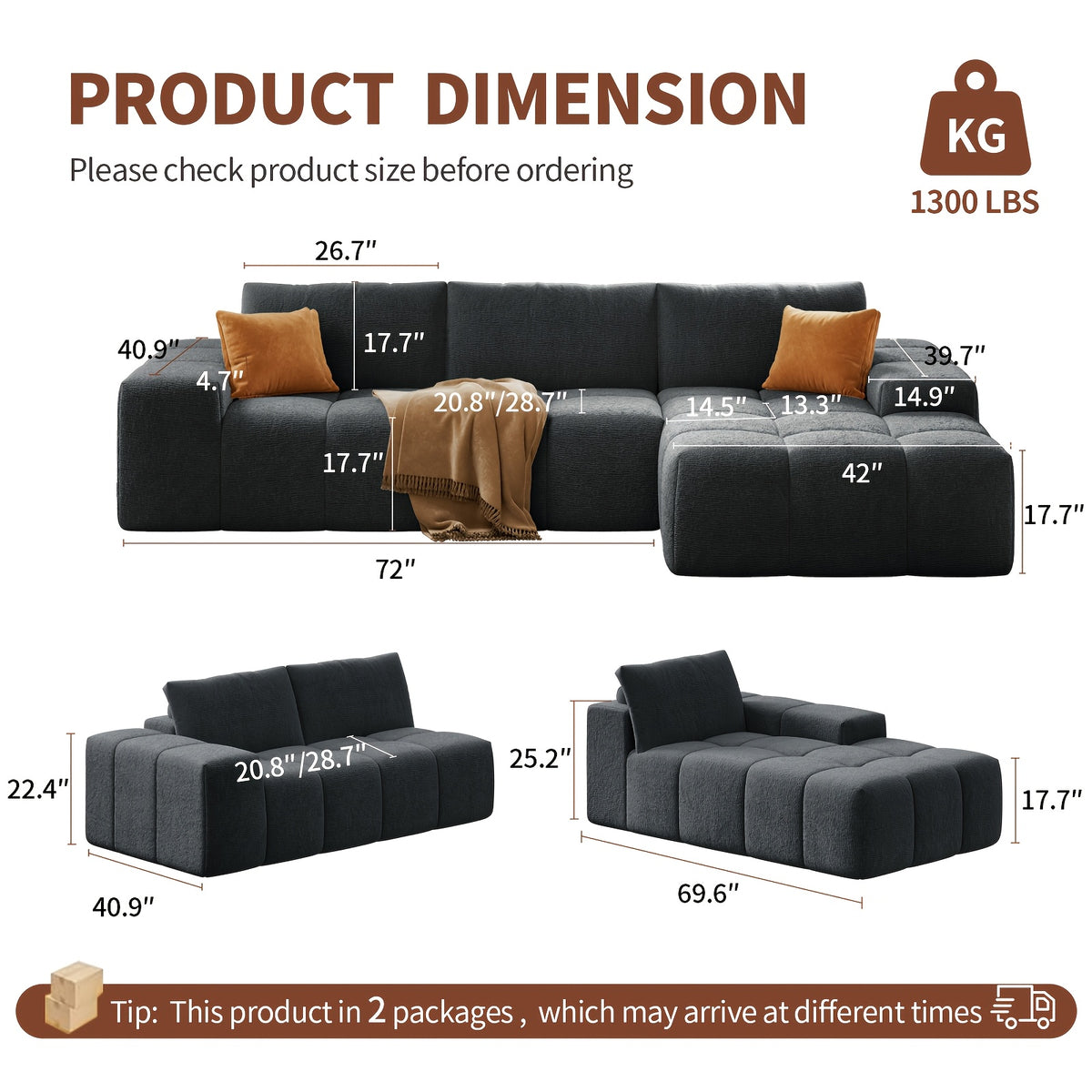 L-shaped Multi-functional Sofa Bed, Modern Fabric Sofa, Extra-large Frameless Living Room Sofa, Modern Minimalist Style with Ergonomic Design, No Assembly Required, Deep Seat Design with 3 Throw Pillows, Soft Fabric Finish (m