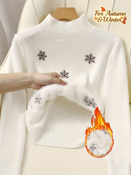 Women'S Cozy Fleece-Lined Sweater with Snowflake Embroidery - Casual Crew Neck, Long Sleeve, All-Season Warmth, White with Black Snowflakes, Perfect for Fall & Winter, Winter Clothing | Snowflake Embroidery | Fleece Lined Swe