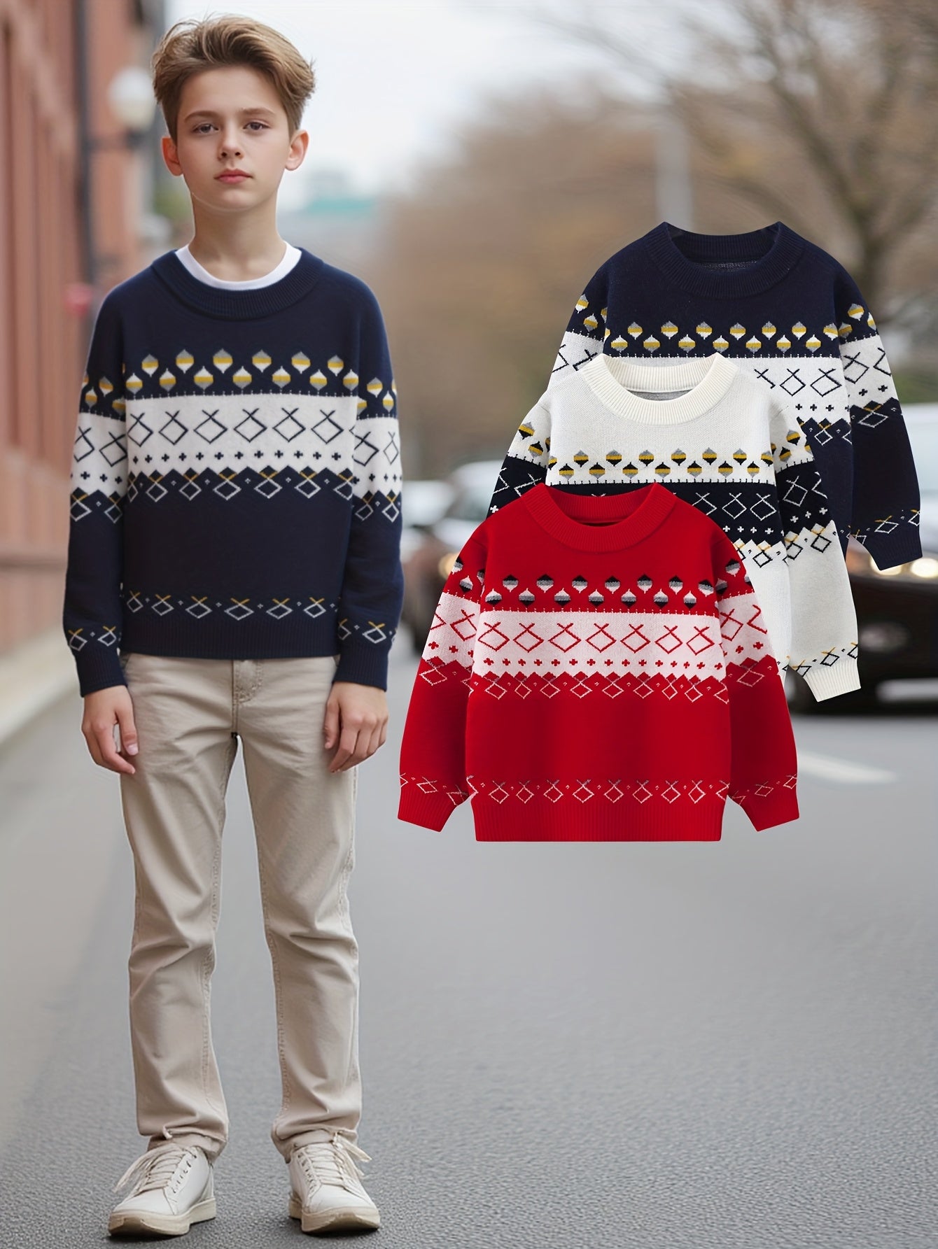 3pcs Boys' Knit Sweaters - Cozy Fall/Winter Pullover with Geometric Pattern, Long Sleeve, Round Neck, Regular Fit, Perfect for Golf & Casual Wear, Sweater Hoodie