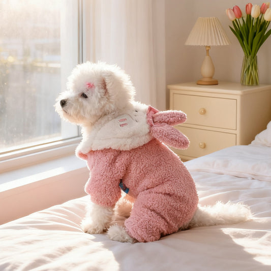 Pink Bunny Dog Coat with - Warm Winter Jacket for Small & Medium Dogs, Easy Button Closure Four-Legged Jumpsuit, Cozy Pet Sweater for Pomeranian, Chihuahua, Shih Tzu & Poodle Breeds (Autumn & Cold Weather)