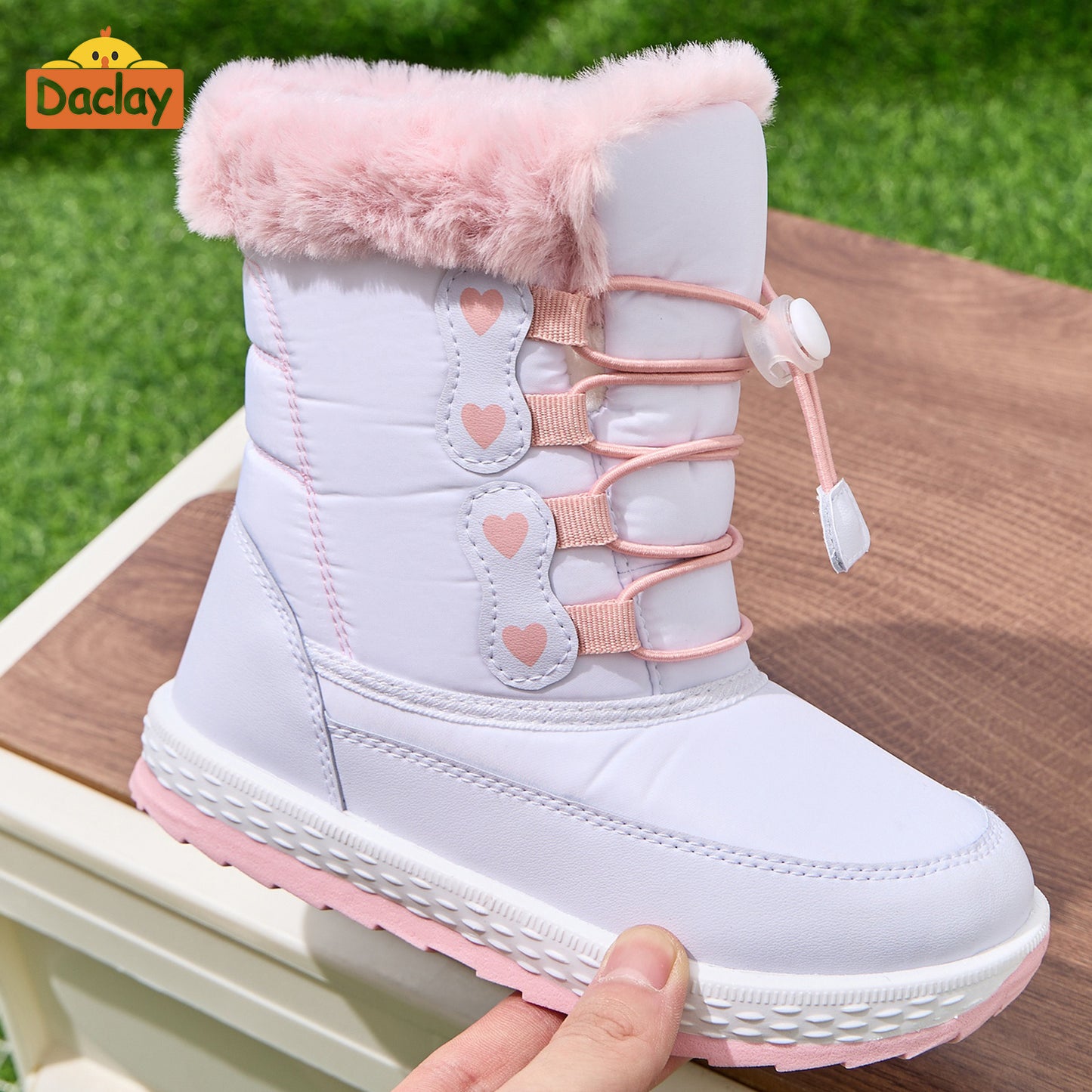 DACLAY Youngsters' Fleece-Lined Winter Boots - Slip-On Mid-Calf Snow Boots with Heart Patterns, Soft Fabric & Synthetic Synthetic, All-Season Casual Outdoor Shoes for Boys & Girls, Pink & White Design, Youngsters Winter Boots