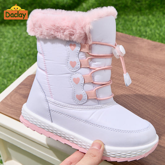 DACLAY Youngsters' Fleece-Lined Winter Boots - Slip-On Mid-Calf Snow Boots with Heart Patterns, Soft Fabric & Synthetic Synthetic, All-Season Casual Outdoor Shoes for Boys & Girls, Pink & White Design, Youngsters Winter Boots