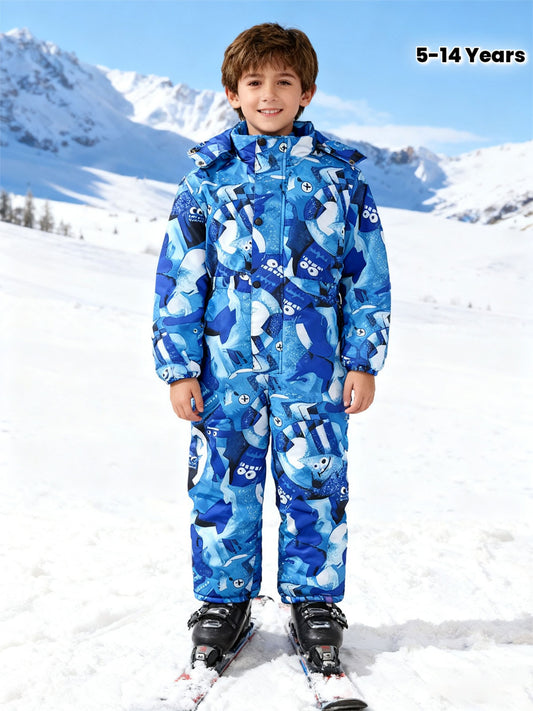 Kids' Thickened Warm Hooded One-Piece Ski Suit - All-in-One Snow Jacket & Pants with Pockets, Shark/Dolphin/Starfish Print Winter Snowwear for & Girls, Easy-Dress Outfit for Skiing, Snowboarding & Outdoor Play, Perfect for Ou