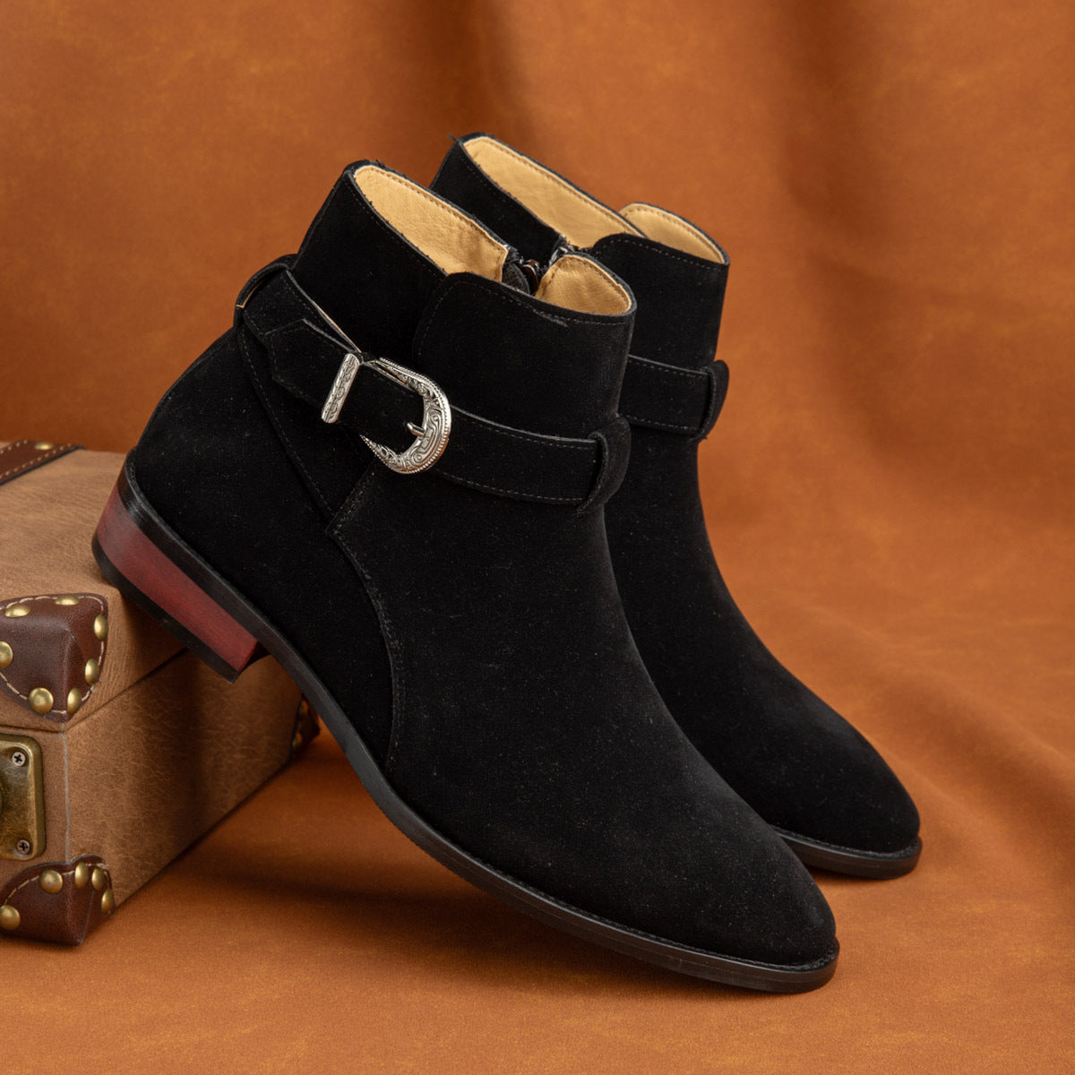 Women's Slip-On Buckle Ankle Boots - Round Toe Mid-Calf Boots with Metallic Buckle Closure, All-Season Comfort for Weddings, Parties & British Style, Beige & Pink
