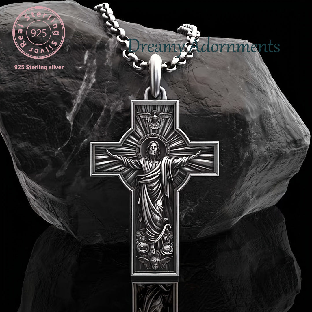 Jesus Cross 925 Silvery necklace, Men's fashionable retro pendant necklace accessory, Men's daily casual amulet fashionable jewelry gift, Christmas gift, Casual Wear, Men's Jewelry, Retro Necklace, Vintage Pendant, Highqualit