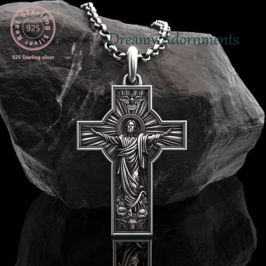 Jesus Cross 925 Silvery necklace, Men's fashionable retro pendant necklace accessory, Men's daily casual amulet fashionable jewelry gift, Christmas gift, Casual Wear, Men's Jewelry, Retro Necklace, Vintage Pendant, Highqualit