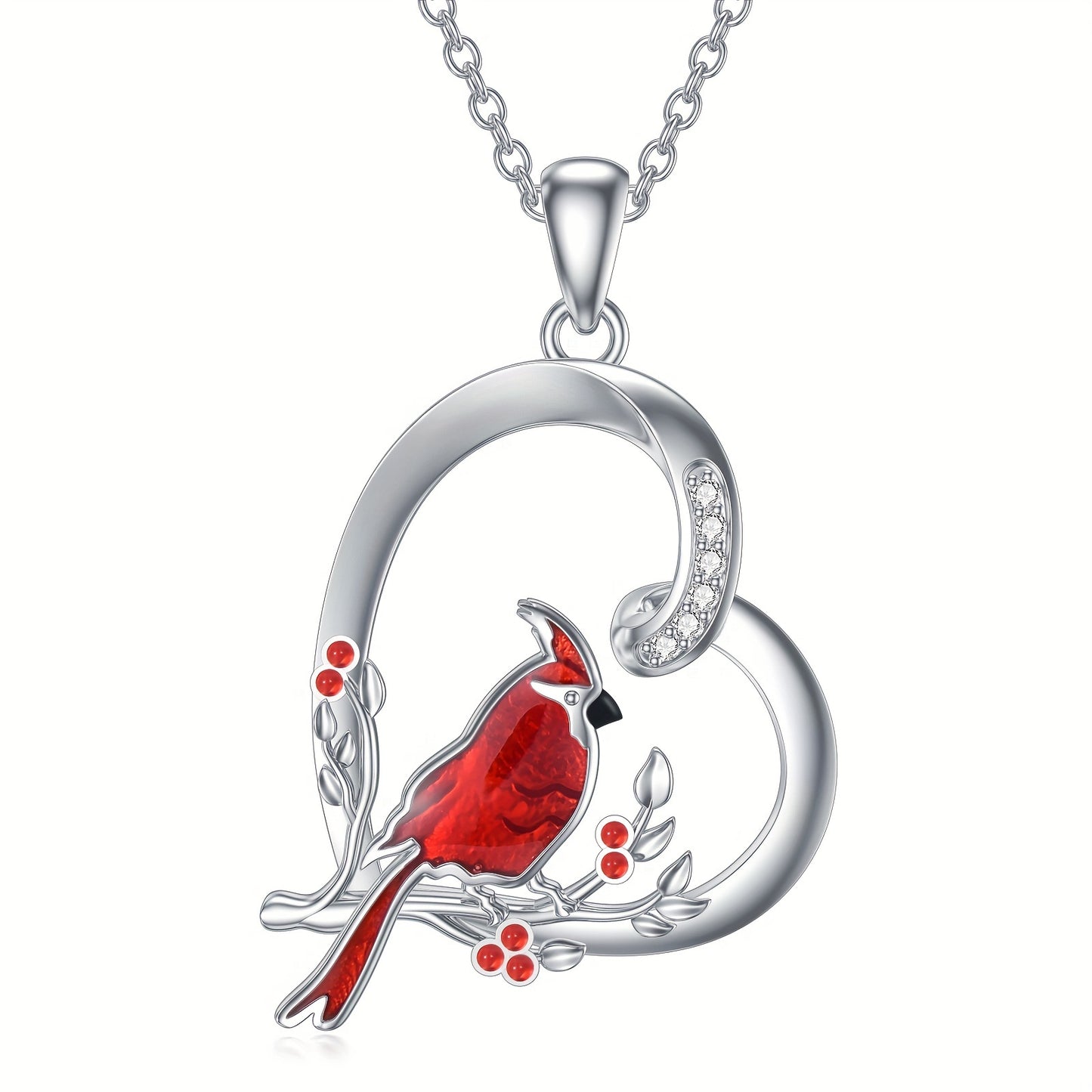 [Red Cardinal Necklace] Sterling Silver Red Cardinal Heart Pendant Necklace | Memorial Jewelry Gift for Women | Christmas, Birthday, Mother's Day, Valentine's Day