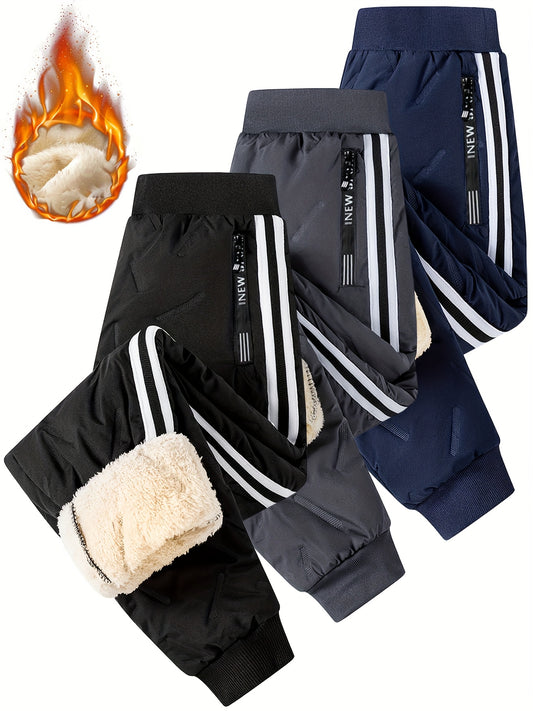 3pcs Boys' Heavy-Duty Fleece-Lined Winter Pants with Zipper Pockets & Lettering - Thick Ski Joggers for Outdoor Sports, Skiing, Snow Play, Cold Weather (Black/Navy/Beige) - Machine Washable Kids' Trousers, Perfect for Outdoor