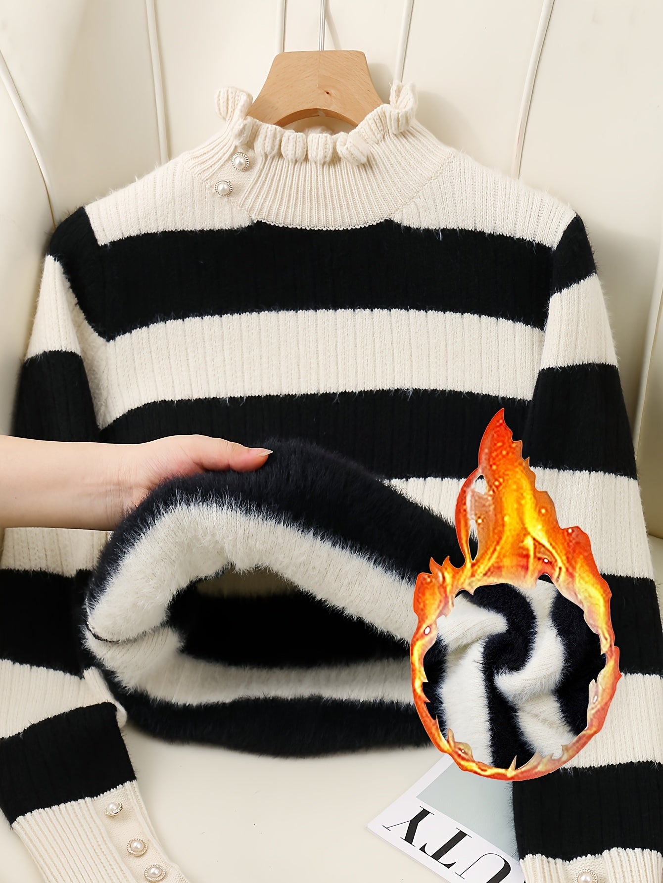[Fleece Lined Sweater] Women's Cozy Red & White Striped Sweater with Button Detail - Warm Fleece-Lined Crew Neck, Casual Long Sleeve Pullover for Fall & Winter, Winter Clothing | Button Detail Sweater | Fleece Lined Sweater