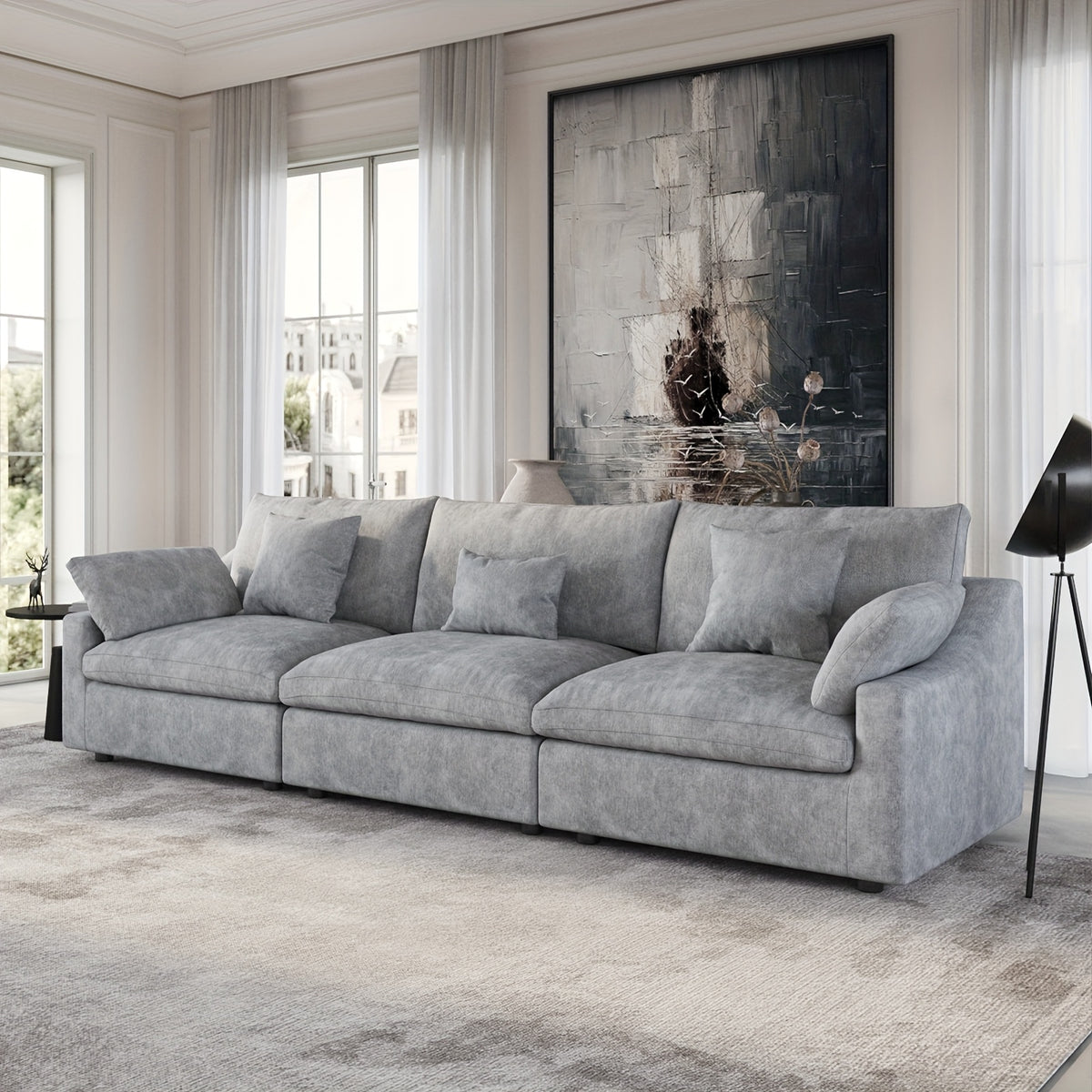 Modular Sectional Sofa Cloud Couch, 119.29" Khaki Modular Couch, Linen Blend Fabric Minimalist Deep Seat Sectional Couches For Living Room, Sofa Covers Washable&Removable