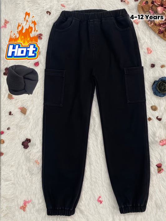 6-12 Years Thermal Cargo Pants with Fleece Lining - Stretchy Non-Bulky Winter Pants, Elastic Waist & Multi-Pocket Design, Heavy-Duty Faux Denim-like Fabric for Outdoor, School, Casual Attire - Warm Joggers for Boys & Girls (6