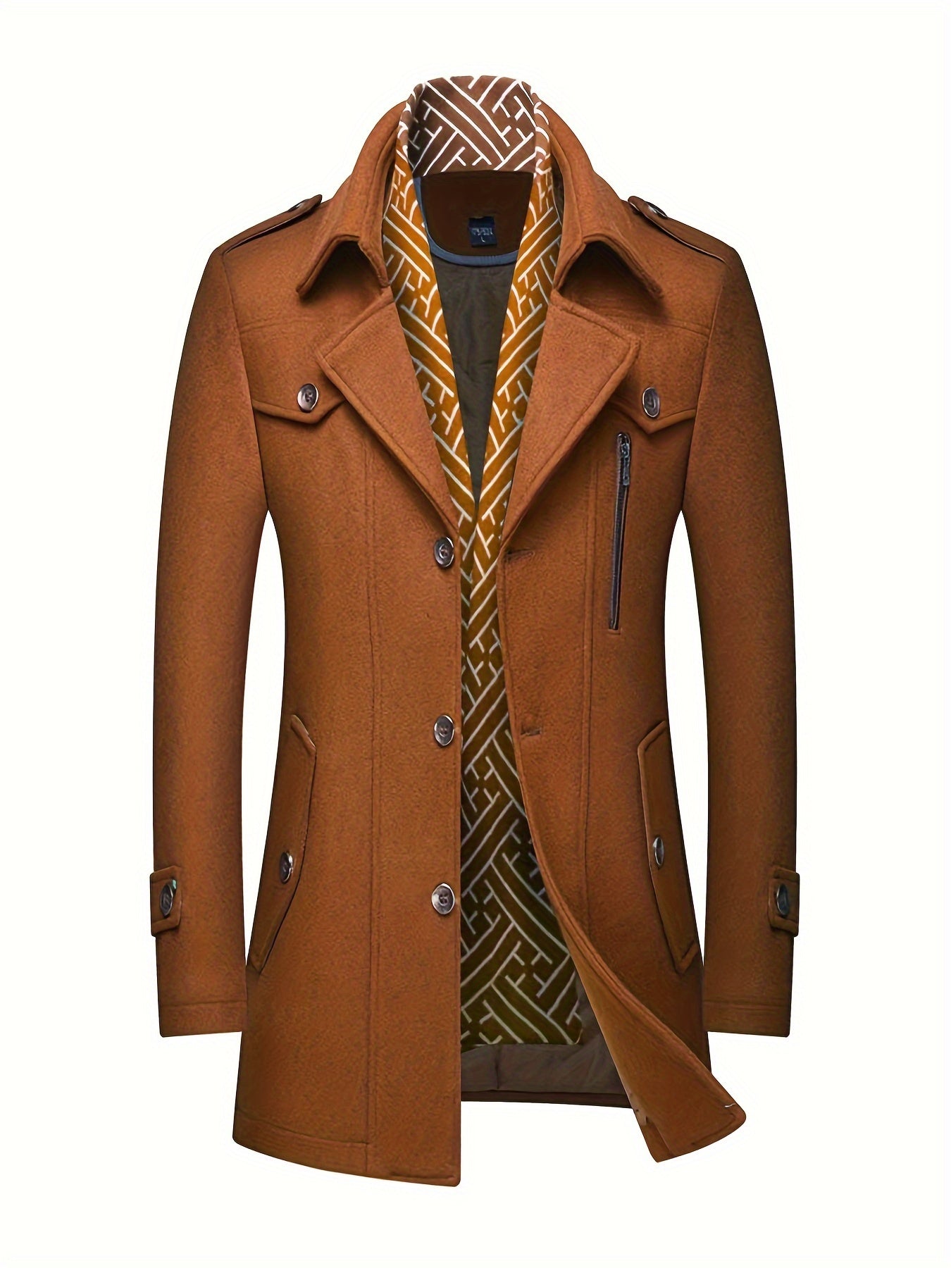 Men's Wool Blend Winter Coat with Detachable Scarf/Collars - Single-Breasted Trench Coat, Pocket & Durable - Warm Pea Jacket for Cold Weather, Casual & Formal Outfits (Hand Wash/Dry Clean)