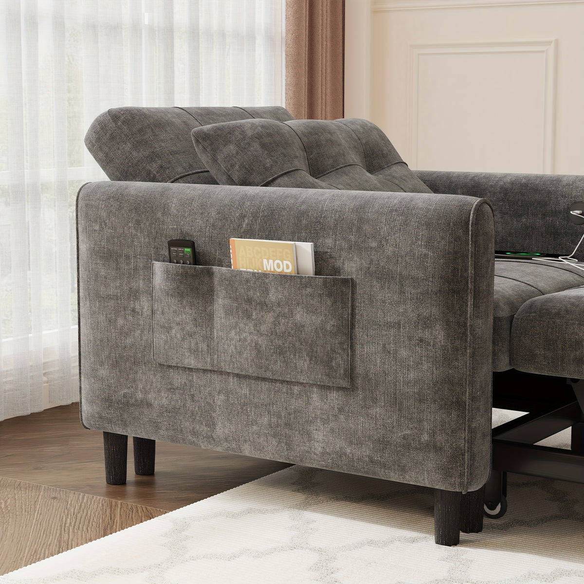 Convertible 3-in-1 Sofa Bed, Foldable Sleeper Chair with Pull-Out Design with Soft Chenille Fabric and Pull-Out Sleeper, Sturdy Wood Frame, Adjustable Backrest, Side Storage Pockets, Space-Saving Modern Sofa Bed for Living Ro