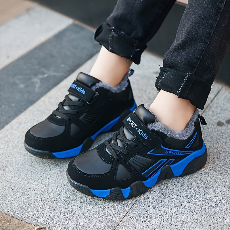 Youngsters' Winter Sports Shoes - Boys & Girls, Low-Top Lace-Up with Closure, Upper & Rubber Sole, Black with Blue Accents, Warm Fleece Lining for Outdoor Activities, Running, Hiking, Casual Wear, Winter Sports Gear | Stylish