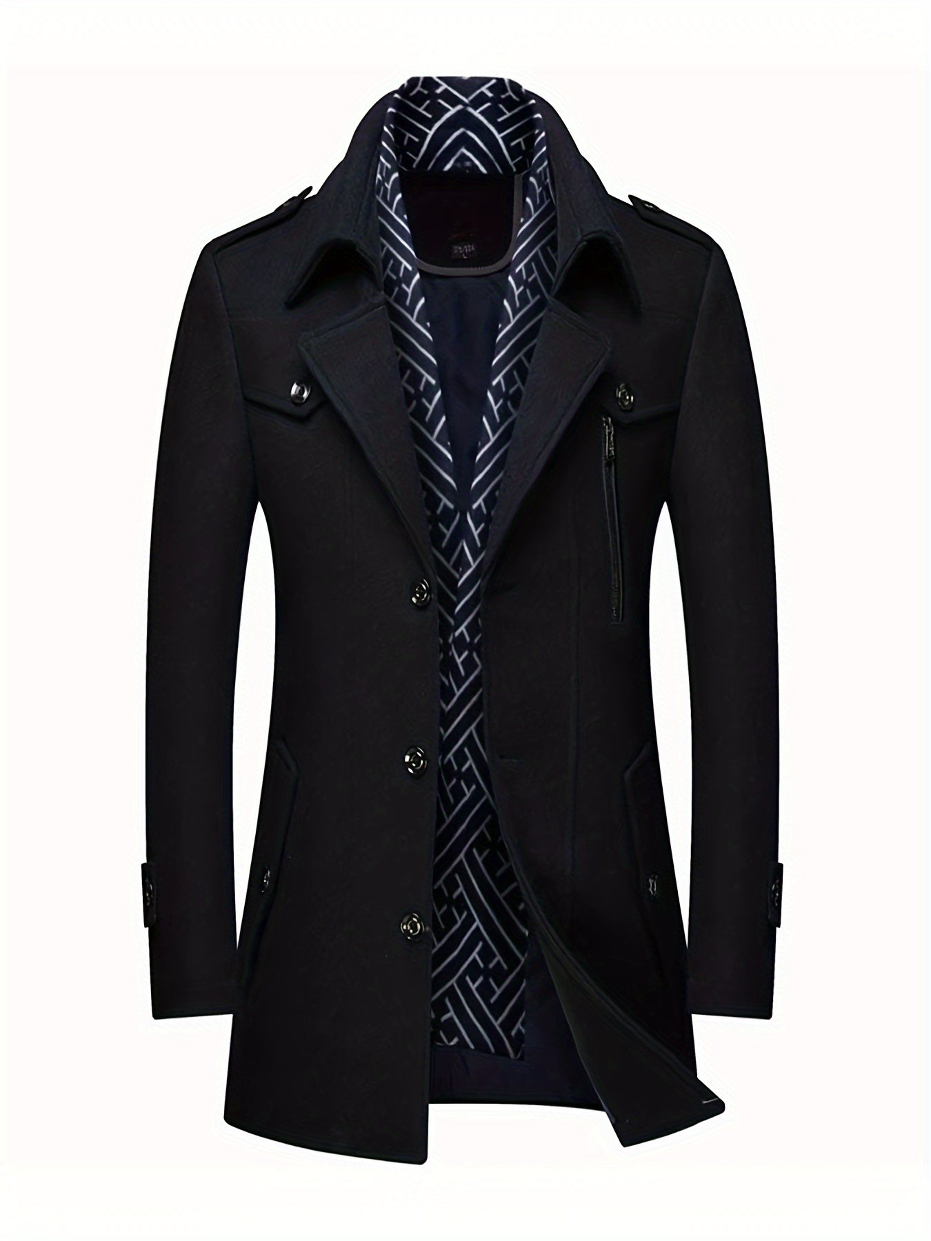Men's Wool Blend Winter Coat with Detachable Scarf/Collars - Single-Breasted Trench Coat, Pocket & Durable - Warm Pea Jacket for Cold Weather, Casual & Formal Outfits (Hand Wash/Dry Clean)