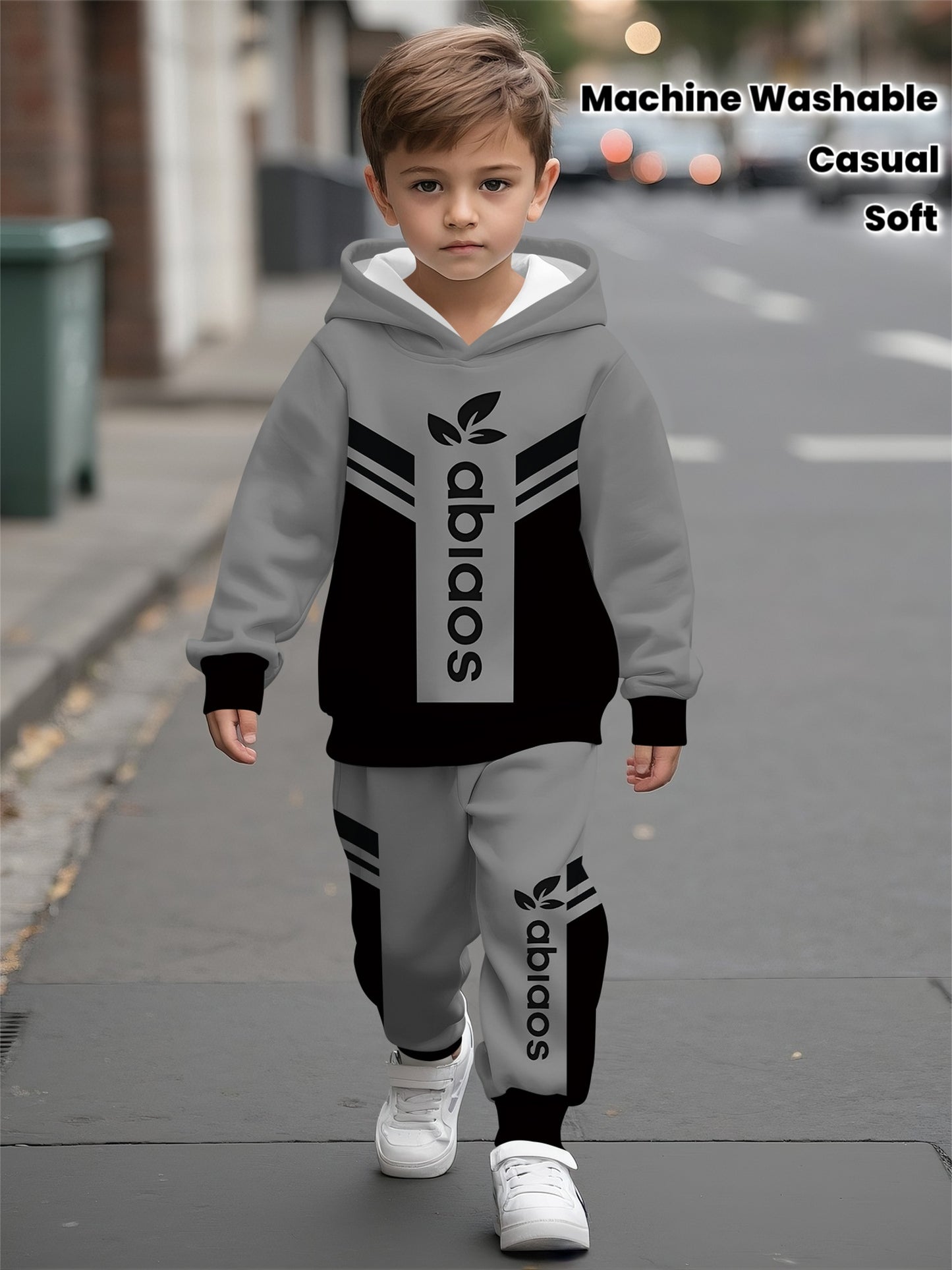 2pcs Boys' Hooded Sweatsuit Set - Soft Warm Winter Clothes with Leaf & Letter Print Hoodie & Joggers, Cozy Casual Outfit for Boys &, Machine Washable Matching Tracksuit (Autumn/Winter), Perfect for Outdoor