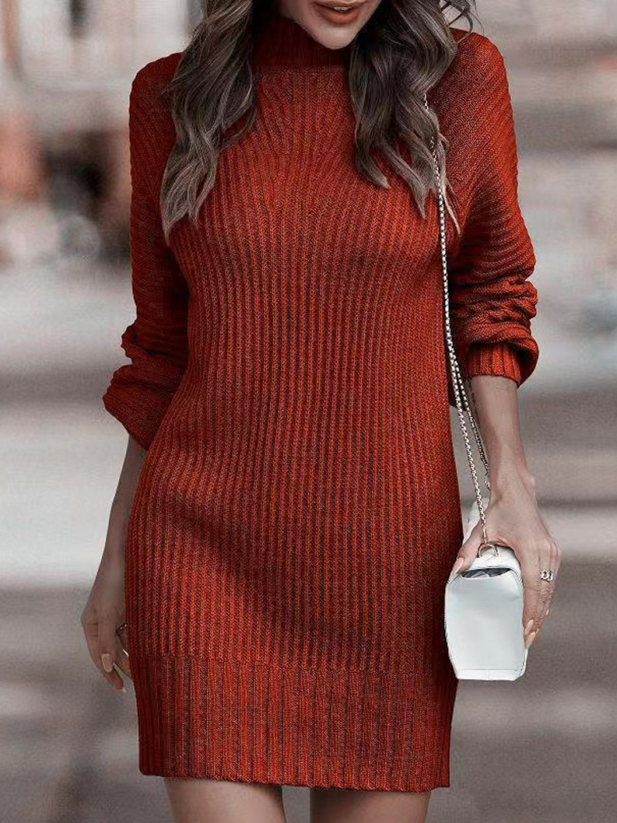 Women'S Elegant High Neck Sweater Dress - Long Sleeve Solid Color Mid-Length Dress with Belt, All-Season Casual to Semi-Formal Wear, Soft Warm Fabric for Office, Semi-Formal & Everyday Outfits - Easy Care & Versatile Style (N