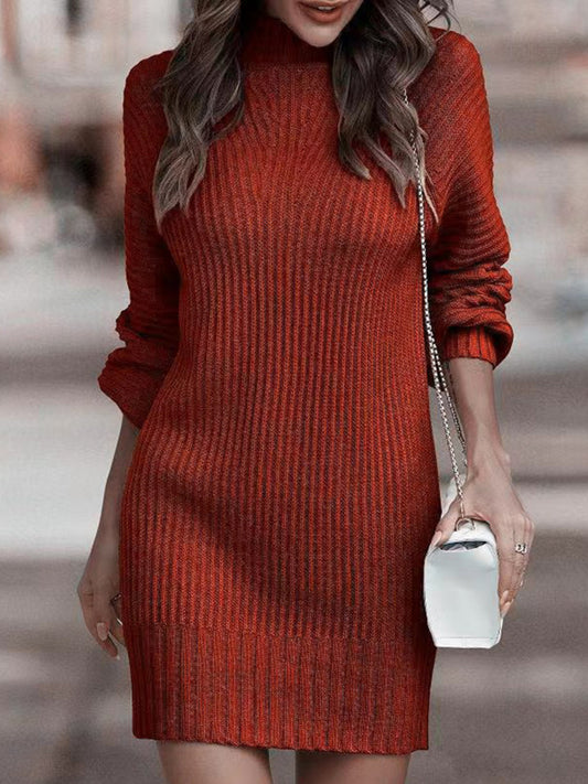 Women'S Elegant High Neck Sweater Dress - Long Sleeve Solid Color Mid-Length Dress with Belt, All-Season Casual to Semi-Formal Wear, Soft Warm Fabric for Office, Semi-Formal & Everyday Outfits - Easy Care & Versatile Style (N