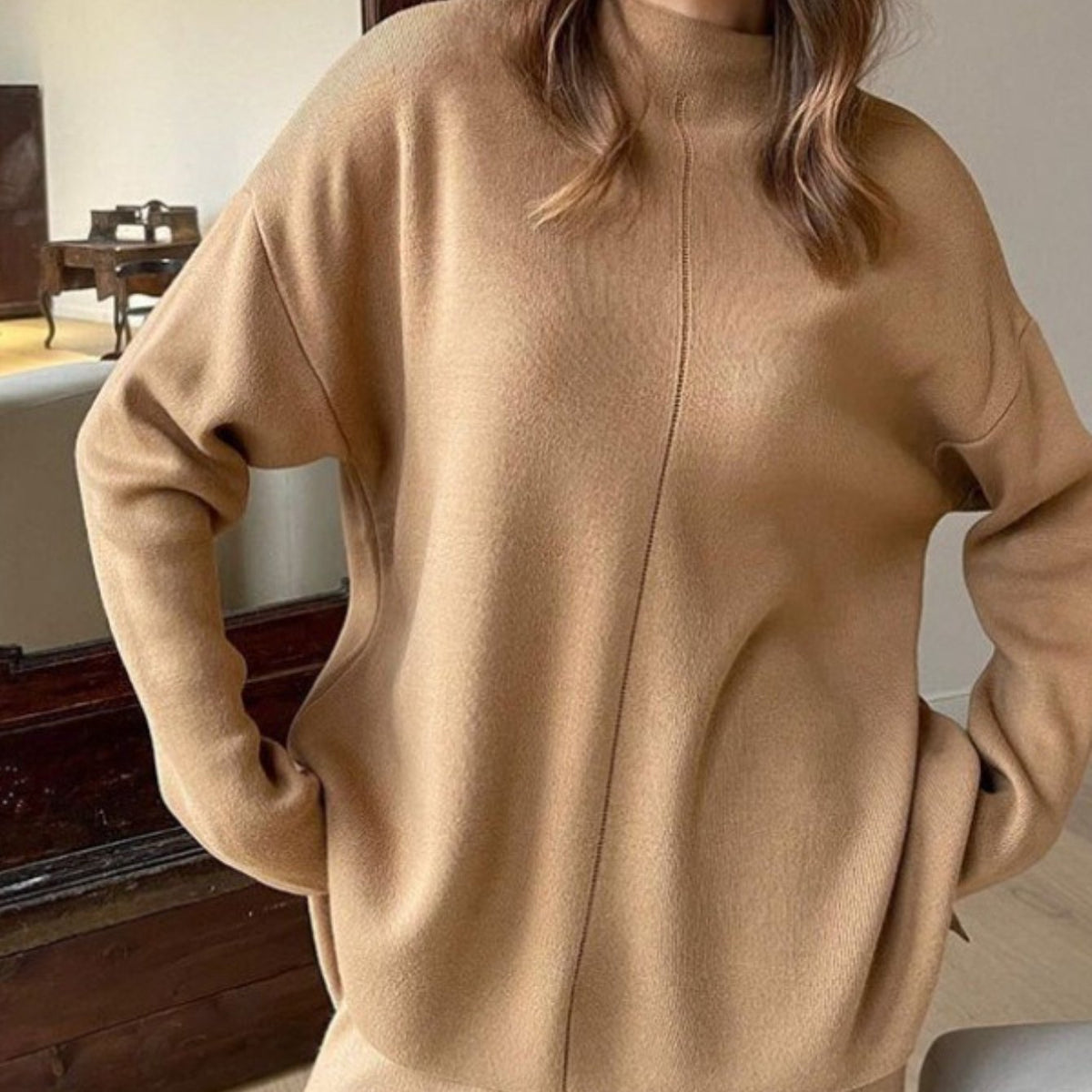 Women'S Elegant Half-Turtleneck Sweater & Pants Two-Piece Set - Oversized Loose-Fit H-Line Silhouette, Soft Stretch Sweater with Asymmetrical Neckline & 3/4 Sleeve, Solid Color Winter Warmth, Casual to Semi-Formal Outfits (Be