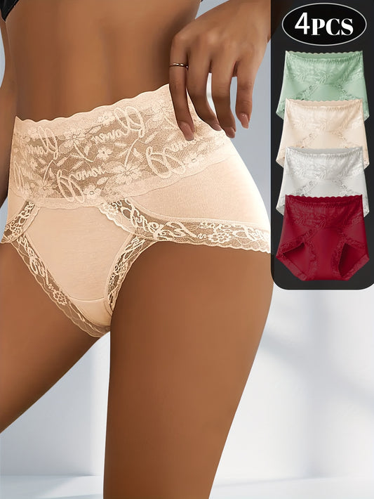 [4pcs QUASTI Lace Panties] 4pcs QUASTI Women's High Waist Lace Panties | Breathable & Comfortable, LOVE Lace Splicing Design | Perfect for Yoga, Workout & Daily Wear, Assorted Colors