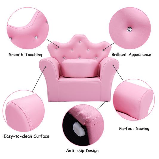 COSTWAY Kids Upholstered Sofa, Princess Single Sofa with Crystal Tufted & Crown Shaped Backrest, Armchair Couch & Ottoman Kids Room Furniture Set for 3-5 Years Old Boys & Girls, White/Pink