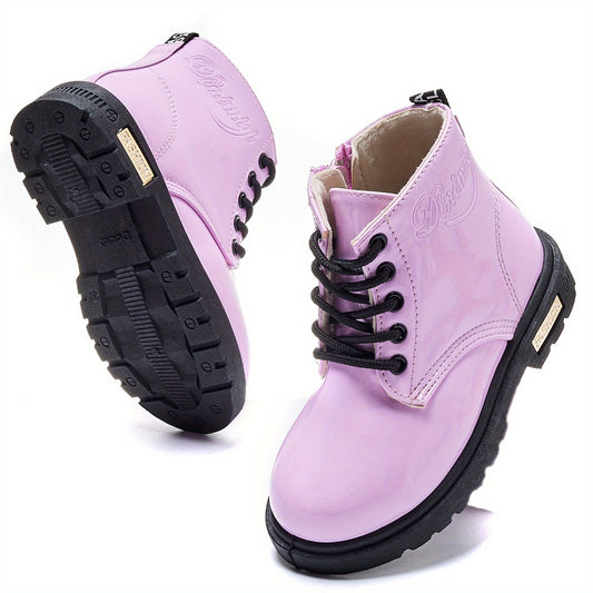 DACLAY Girls' High-Top Winter Boots with Zipper Closure, Round Toe & Arch Support - Purple Glossy Snow Boots with Heart Cutouts, Cushioned Insole & Non-Slip Rubber Sole for Outdoor, School, Casual Attire - Warm Winter Booties