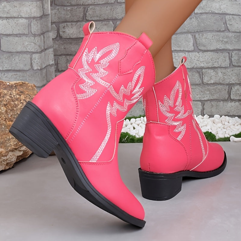 Women's Bright Pink Faux Chelsea Boots with White Horsebit Tendon Strap & Horseshoe Buckle - Slip-On Chunky Block Heel, Pointed Toe Short Boots, Machine Washable Round-Toe Design for Casual & Western Style (Pink)
