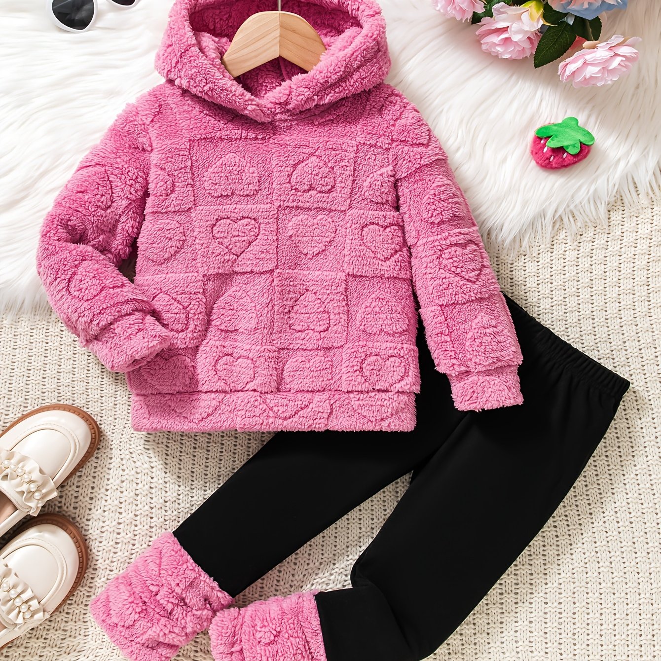 Girls' 2pcs Fall/Winter Warm Fleece Hooded Sweatshirt Set, Comfortable Cozy Casual Polyester Outfit with Slight Stretch, Solid Color Pullovers, Regular Fit - Knit Fabric