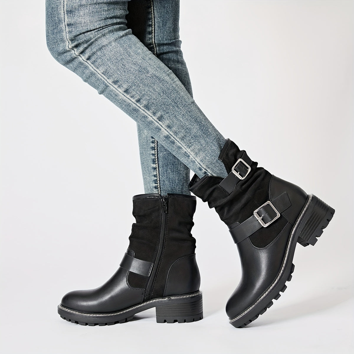 Women's Low Chunky Heel Riding Combat Boots - Round Toe Short Boots with  /Fiberliner & TPR Sole, Zipper Closure Casual All-Season Booties for Equestrian, Outdoor, Casual Attire (Solid Color)