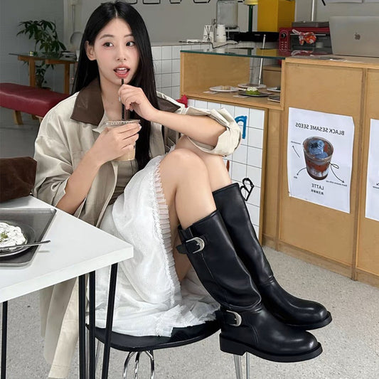 Women's Western Boots with Chunky Heel & Ruched Knee-High Design - Round Toe Stack Boots in Black/Brown Two-Tone | /FPU Sole & PVC | Winter for Jeans, Dresses, Coats | Western Style Boots for Cold Weather