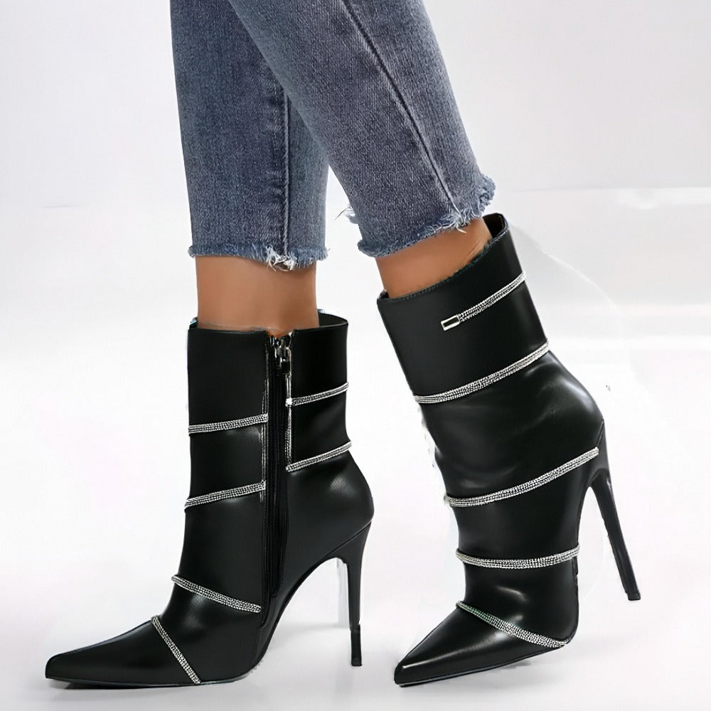 Crystal-Studded Heel Pointy Ankle Boots for Women