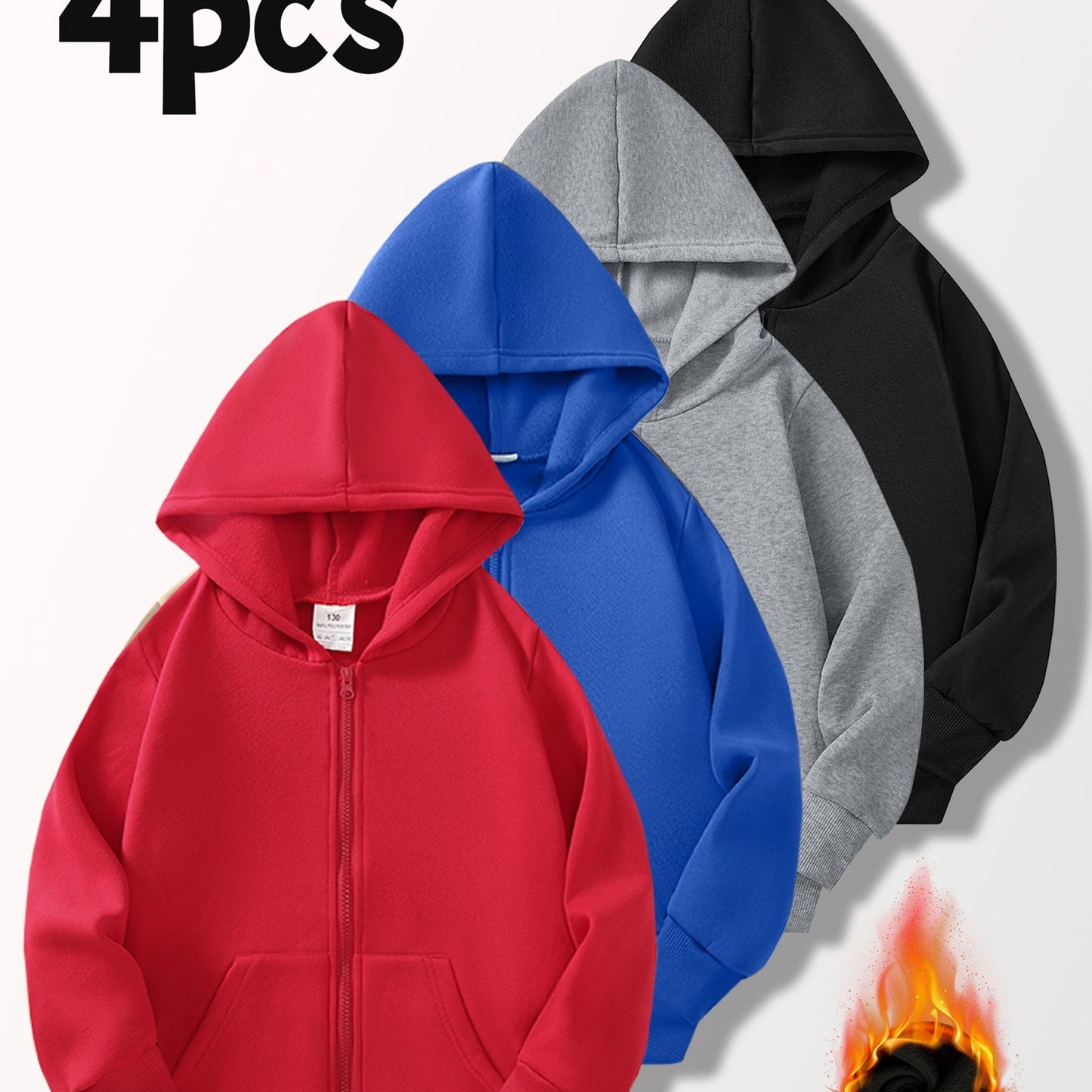 [4pcs Boys' Cardigan Jackets] 4pcs Boys' Light-Lined Zip-Up Hooded Cardigan Jackets | Multi-Color & Solid Color | Autumn & Spring, Stylish & Versatile for Outdoor Jogging