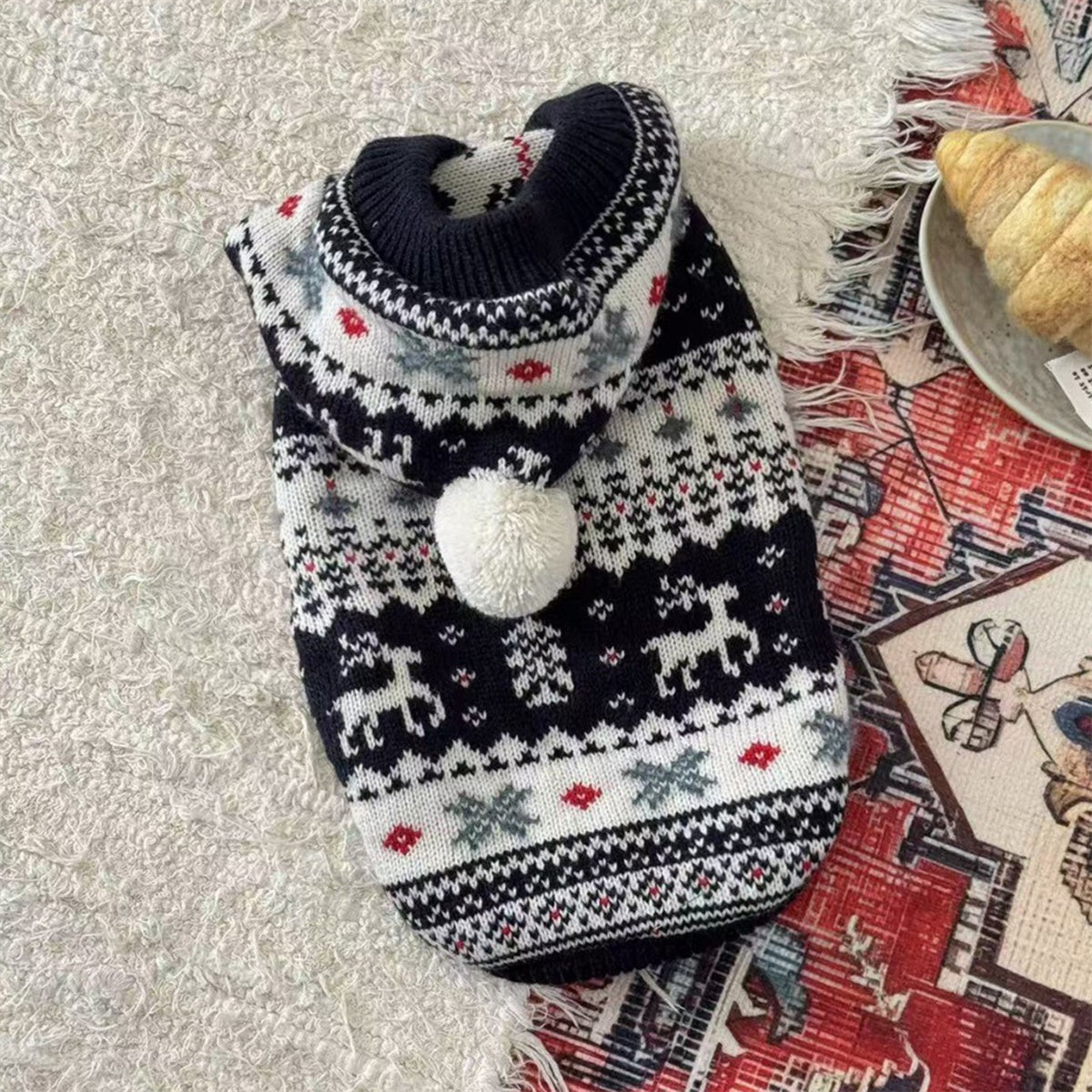 Classic Elk Snowflake Dog Sweater - Soft Warm Winter Jacket with Reindeer & Snowflake Patterns, White/Black/Red/Green, Machine Washable Pullover for Small Breed Pomeranian, Chihuahua, Shih Tzu (Christmas Pet Outfit)