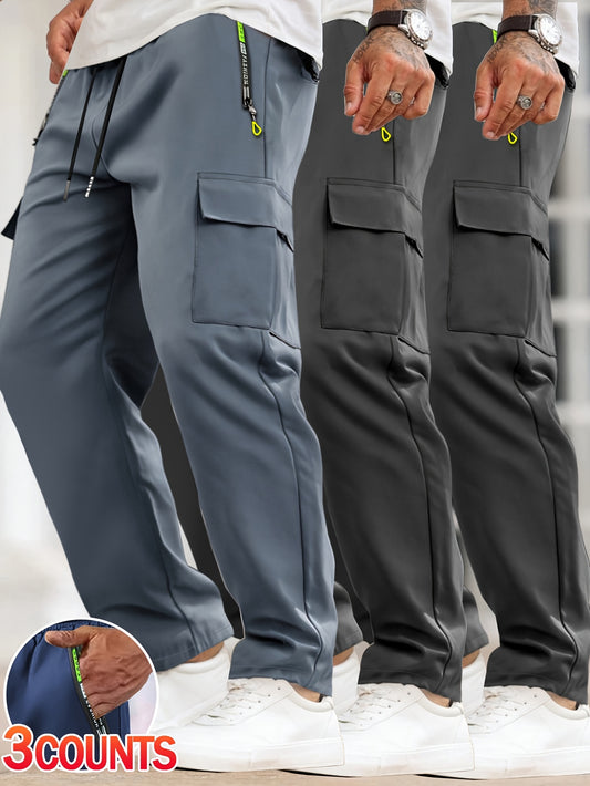 [3pcs Men's Cargo Pants] 3pcs Lightweight Men's Cargo Pants | Drawstring Elastic Waist, Multiple Zipper Pockets & Large Side Pockets | Breathable Regular Fit Casual Outdoor Pants for Spring/Fall (Black/Grey)