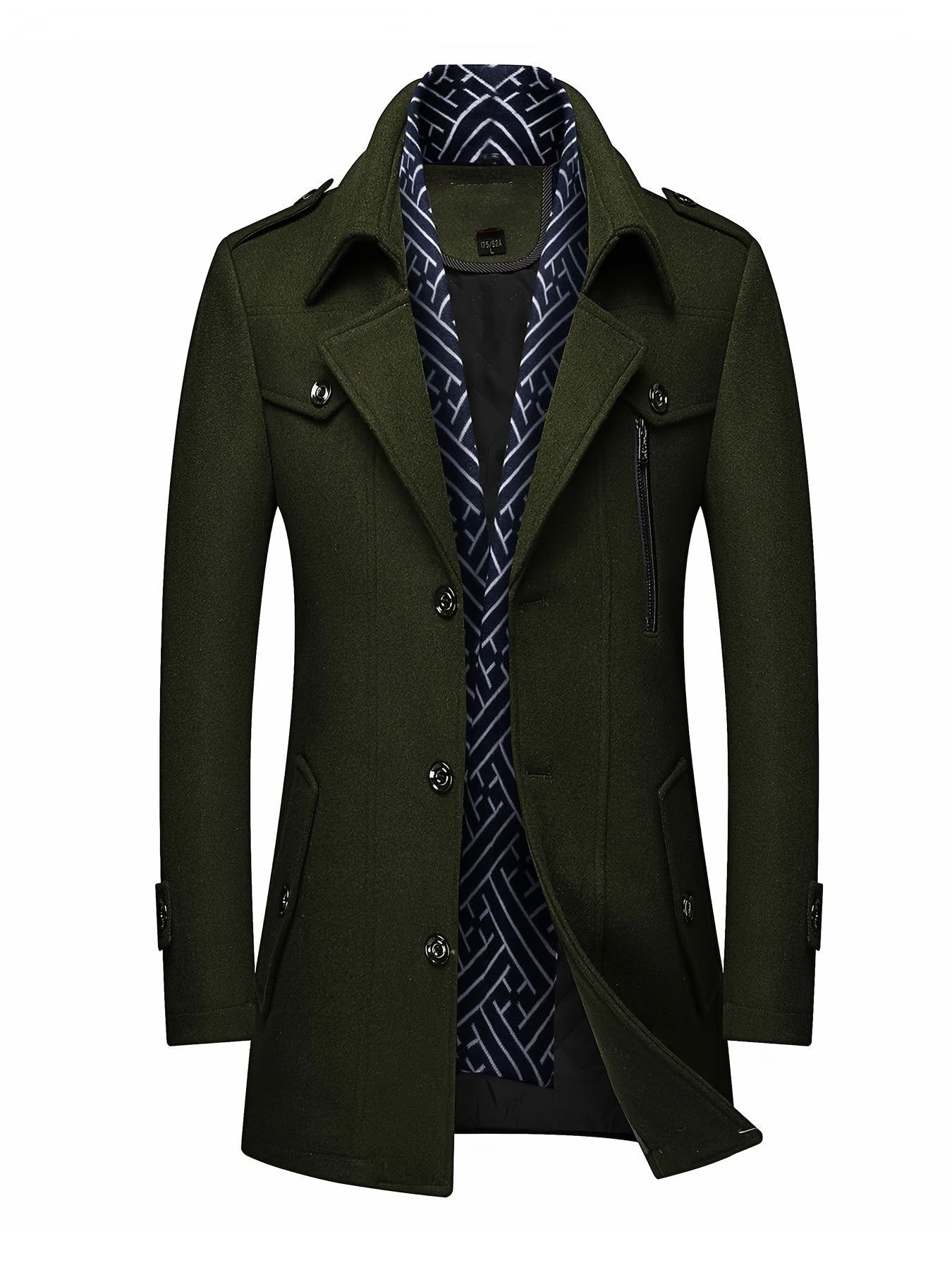 Men's Wool Blend Winter Coat with Detachable Scarf/Collars - Single-Breasted Trench Coat, Pocket & Durable - Warm Pea Jacket for Cold Weather, Casual & Formal Outfits (Hand Wash/Dry Clean)