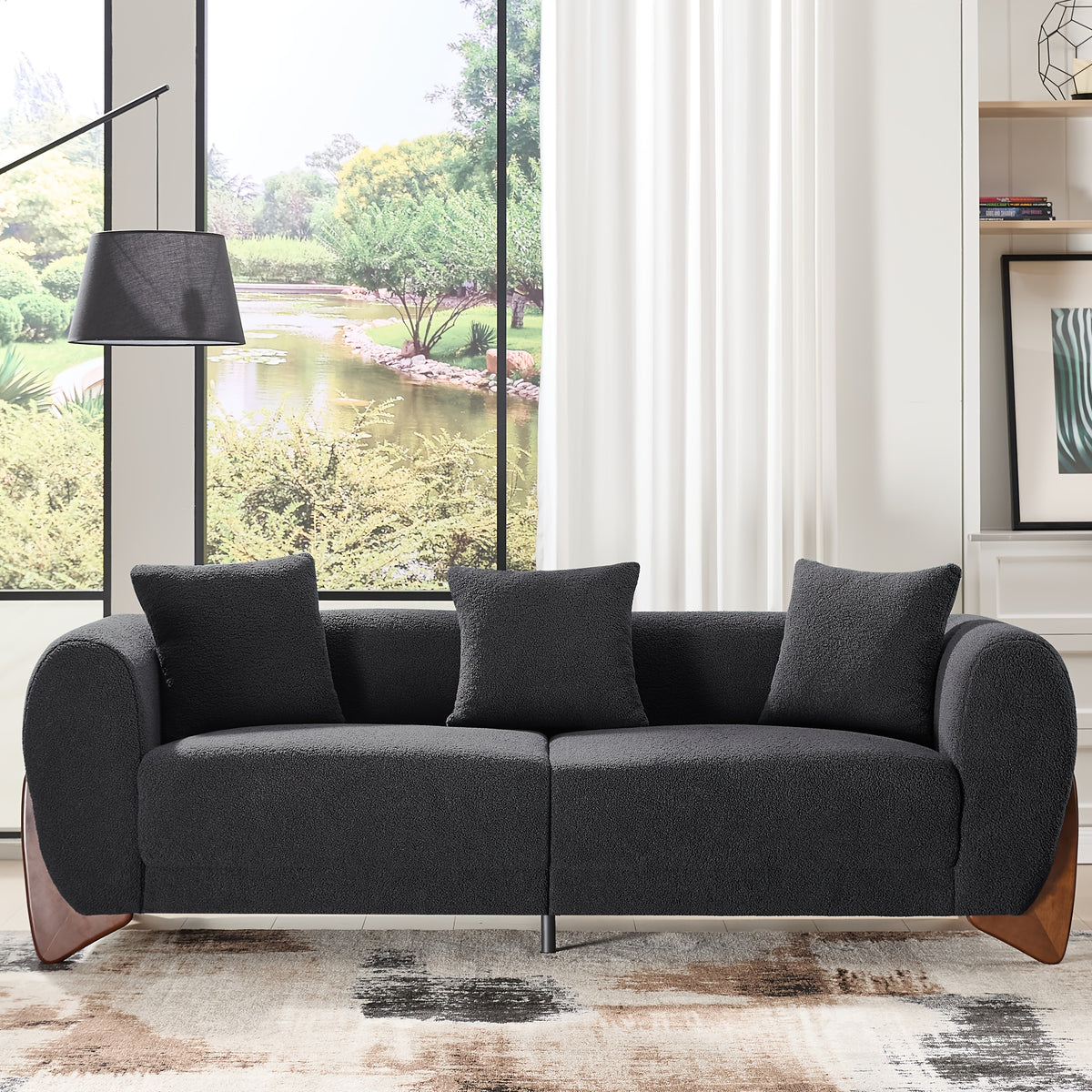 87inch Sherpa Boucle Cloud Couch Modern 3 Seater Sofa with Solid Wood Legs, 25inch Extra Deep Seat, Comfy Thick Cushion Upholstered Sofa Couches with 3 Pillows for Living Room, Green