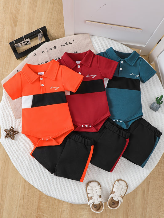 6pcs Boys' Casual Short Sleeve T-Shirt & Shorts Set with "King" Print - Colorful Striped, Elastic Waist, Button-Up Design for Spring/Summer, Perfect Gift Idea, Casual Attire | Vibrant Print Top | Elastic Waist Shorts, Boys Cl