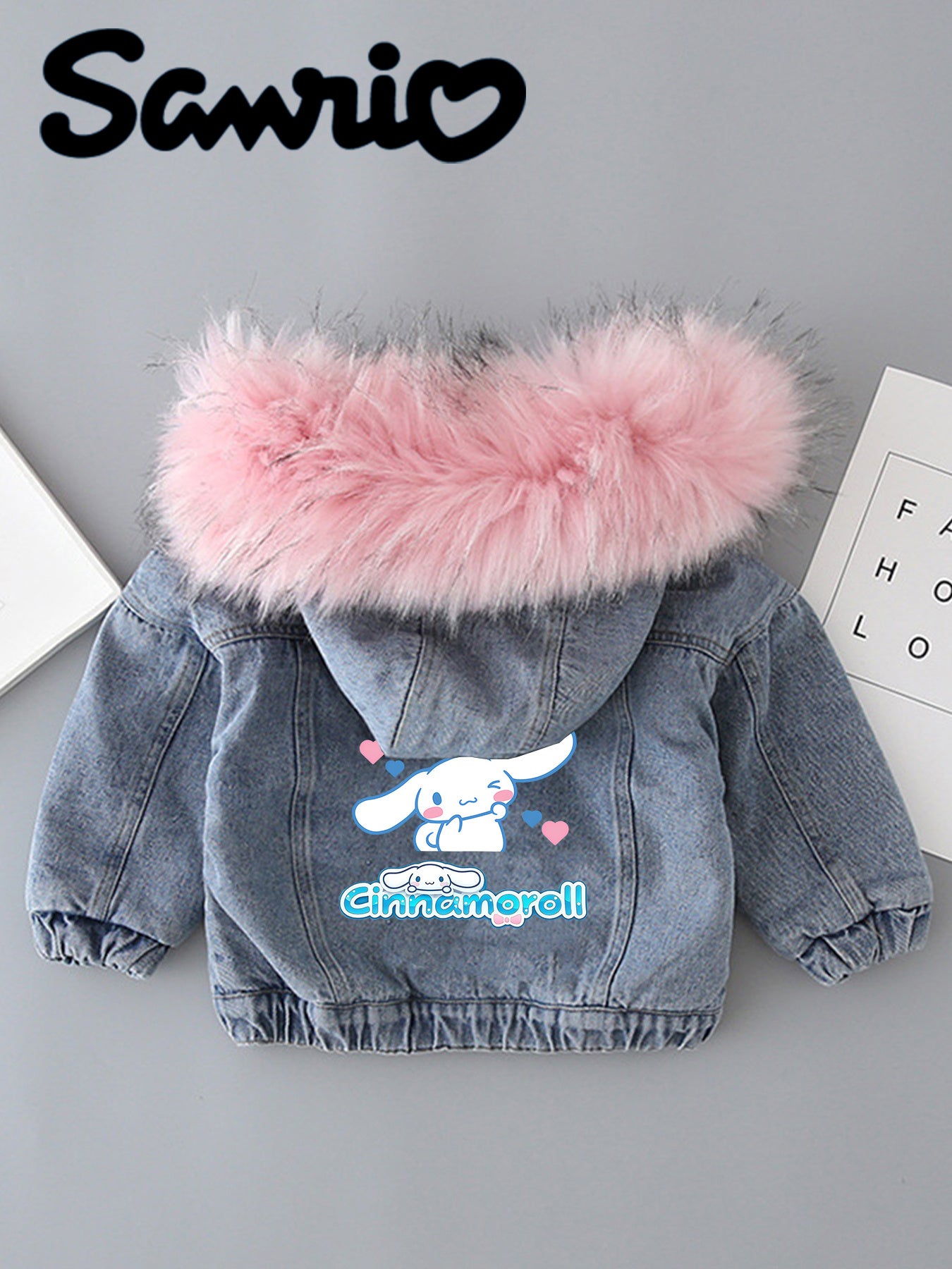 Sanrio Official Licensed Girls' Hello Kitty Kuromi My Melody Cinnamoroll Denim Jacket - Thickened Fleece-Lined Hooded Winter Coat with Pink Fleece Trim, Cute Anime Characters, Retro Style, Cozy Fall & Winter Outerwear, Perfec