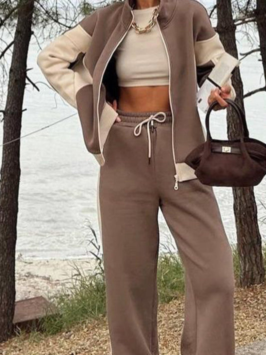 Women'S Vintage Color-Block Full-Zip Jacket & Pants Two-Piece Set - Red Casual swear with Full-Zip Closure, All-Season Comfort, Long Sleeve Winter Outfit, Lining & Red/ Outer Shell, Versatile for Everyday Formal Wear - Coordi