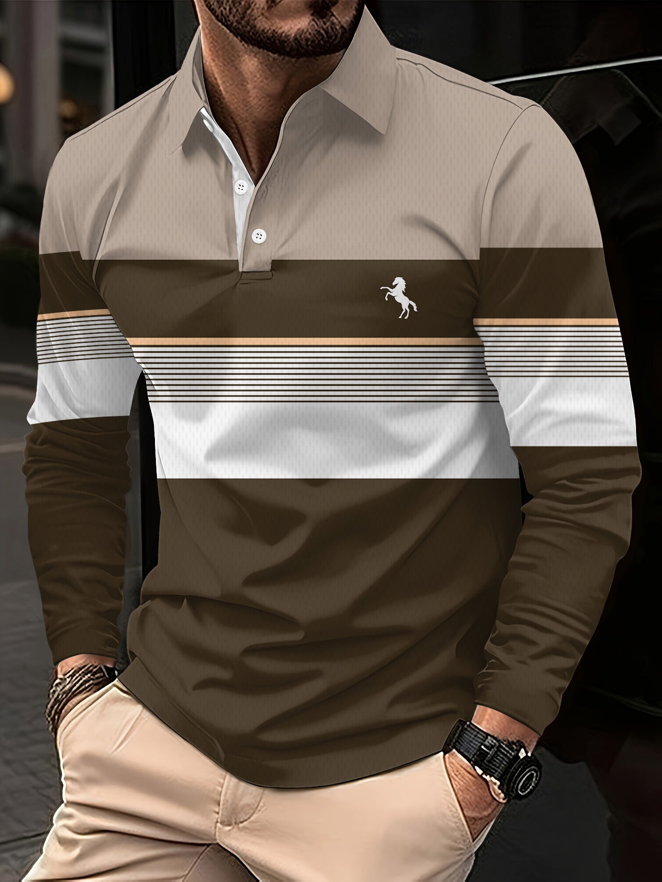 3pcs set • Men's long-sleeved shirt with 3D printed casual golf shirt • Striped design and English logo pattern • Sporty style • Men's long-sleeved shirt