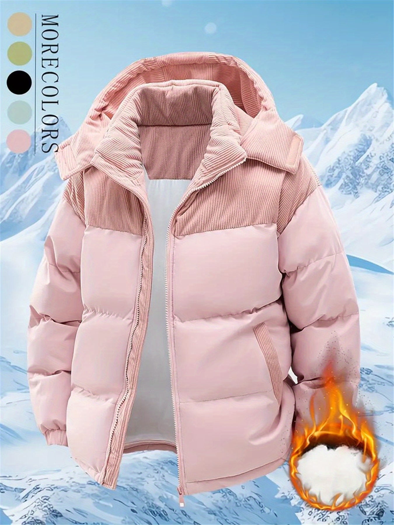 [Winter Fleece Jacket] 1pc Winter Hooded Fleece Jacket for Men & Women - Detachable Hooded Warm Color Block Coat with Zipper Closure, Polyester Fill, Regular Fit, Perfect for Cold Weather Outdoor Activities