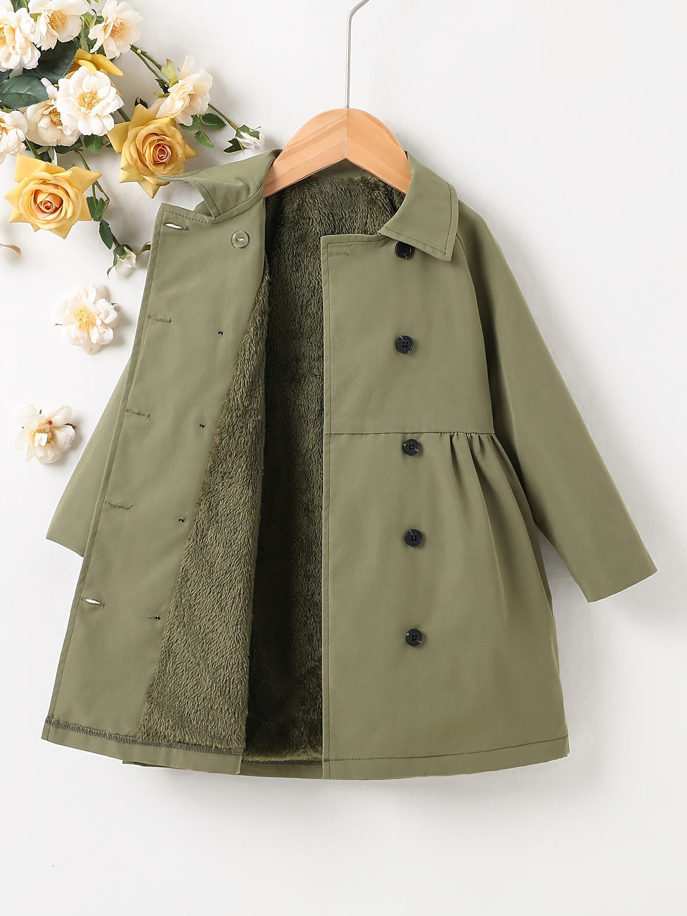 Girls' Cozy Fleece-Lined Double-Breasted Jacket - Solid Color Long Sleeve Casual Coat with Lapel Collar, Button Front & Side Pockets for Fall/Winter Outdoor Play, Hiking & Casual Attire, Hiking Apparel, Durable Outerwear, Gir