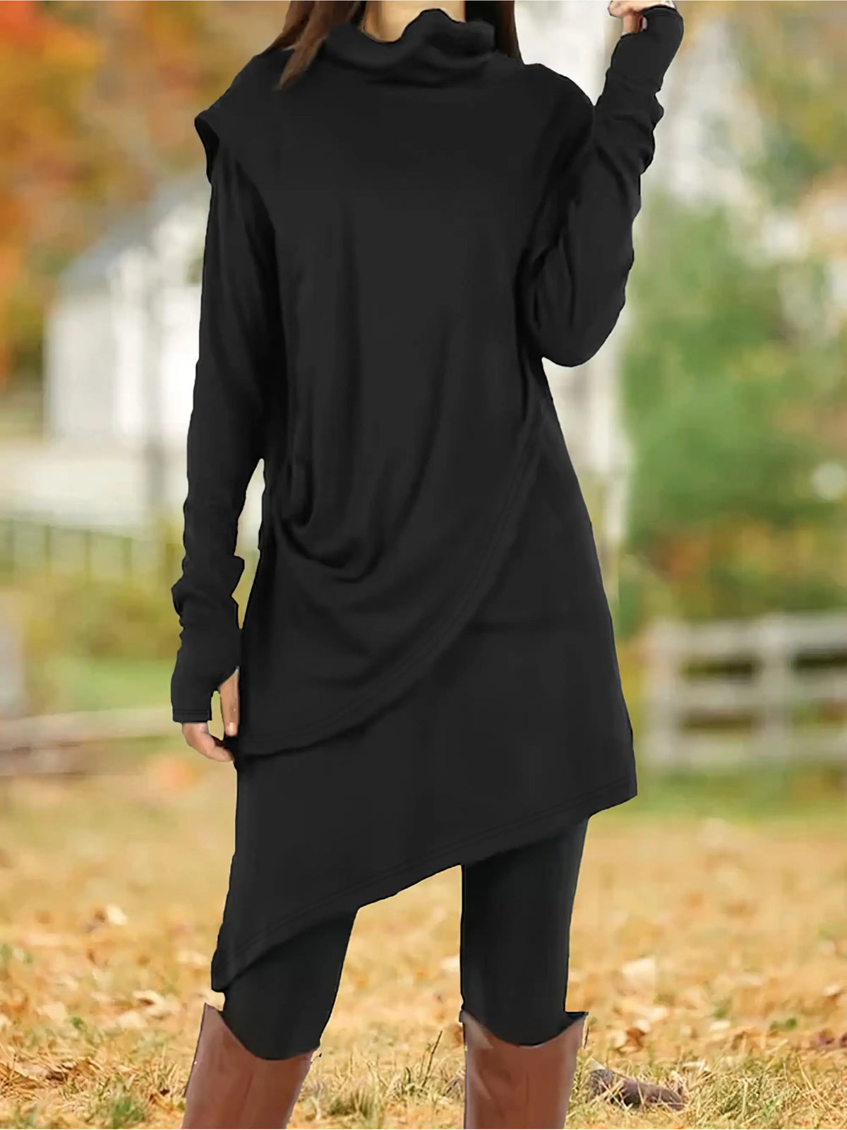Women'S Elegant A-Line Slim-Fit Long Sleeve High Neck Dress with Short Jacket Sleeves - Solid Black Round Neck Winter Dress for Office, Party, Wedding Guest - Machine Washable Fall Winter Formal Attire, Casual to Semi-Formal