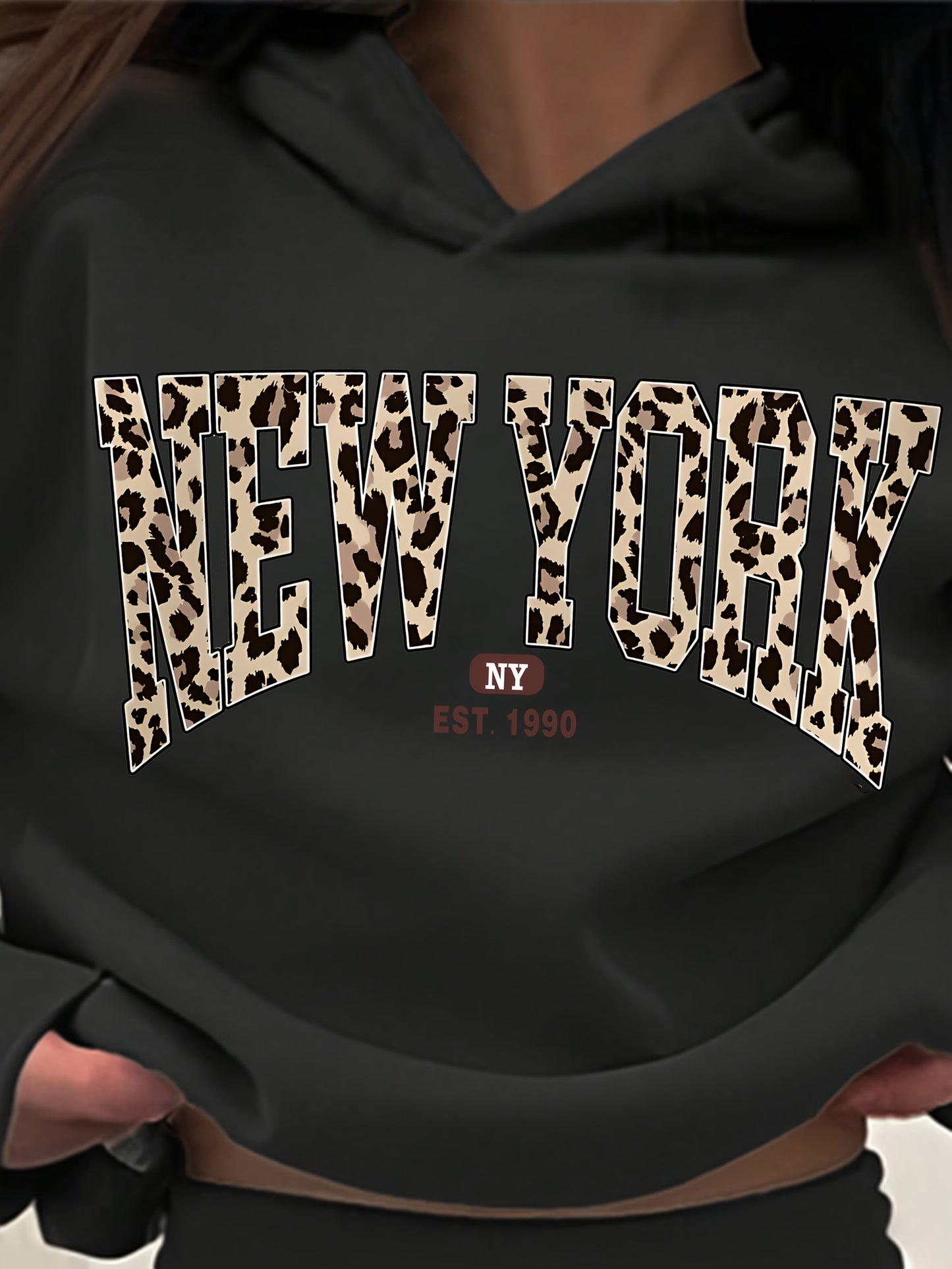 Teen Girls Autumn And Winter Casual Fashion Black Leopard Print Letter Hooded Sweatshirt with Leggings Two-Piece Suit, Trendy Personality, Street Walking, Sports Wear, Perfect Gift, for Outdoor, For Teenager