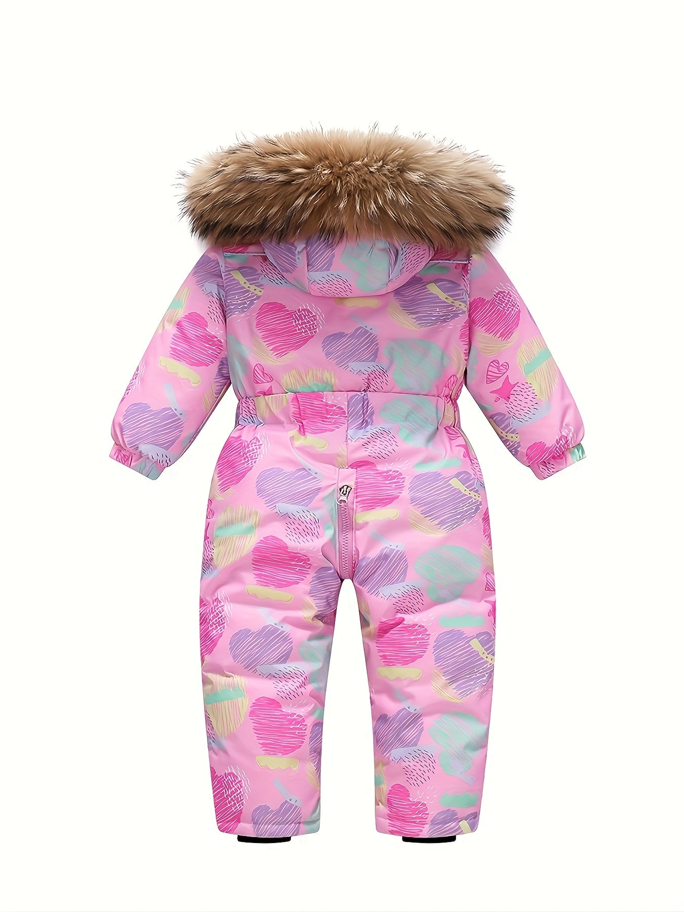 Kids' Winter Ski Suit - Full-Zip Hooded Snowsuit with Duck Down Insulation, Floral Print & Zipper Pockets, Warm Polyester Jacket for Boys & Girls, Adjustable Hood & Full-Zip Closure, Machine Washable Outerwear for Skiing