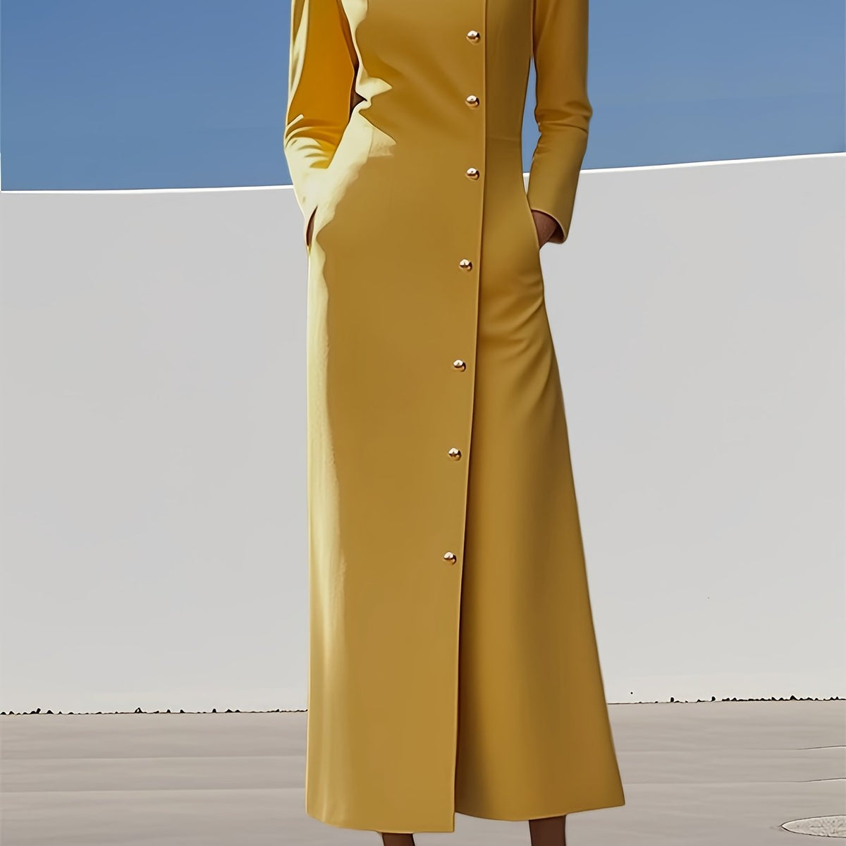 Women'S Elegant Long Sleeve Maxi Dress with Stand Collar & Button Front Closure - Loose Fit Solid Color Maxi Dress with Pockets, Structured Waist, Long Sleeves & Split Hem for Fall/Winter, Formal & Semi-Formal Events - Durabl