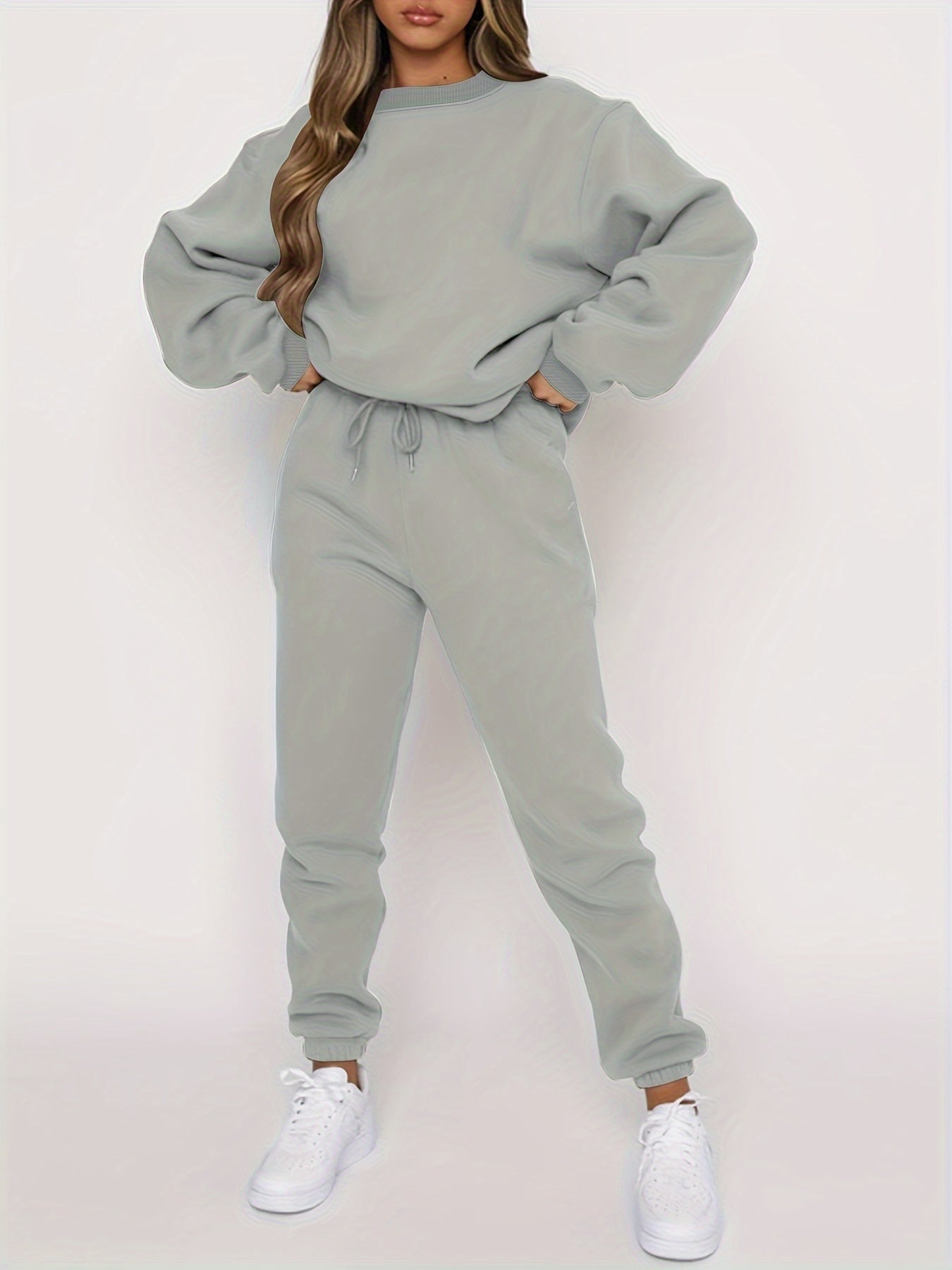 Women's Autumn And Winter Simple Solid Color Loose Pullover Sweatshirt + Solid Color Elastic Waist Pants Casual, Fashionable, Temperamental, Commuting, Versatile Two-Piece Set