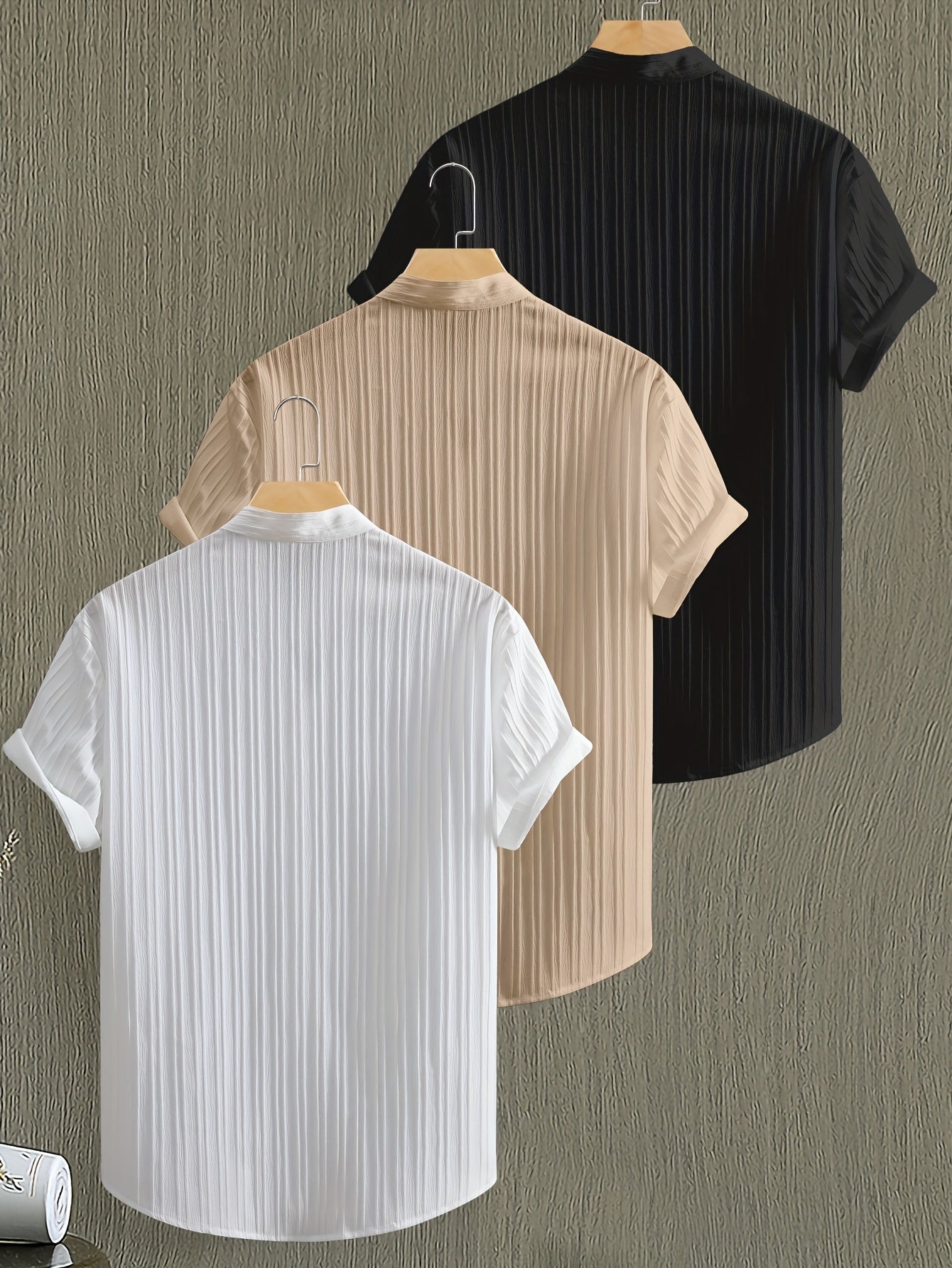 [Men's Summer Shirt] Men's Summer Solid Color Short-Sleeve Stand-Collar Shirt, Breathable And Comfortable Fabric Button-Up Top, Casual And Stylish Versatile Outfit Set, Three-Piece Beach Vacation