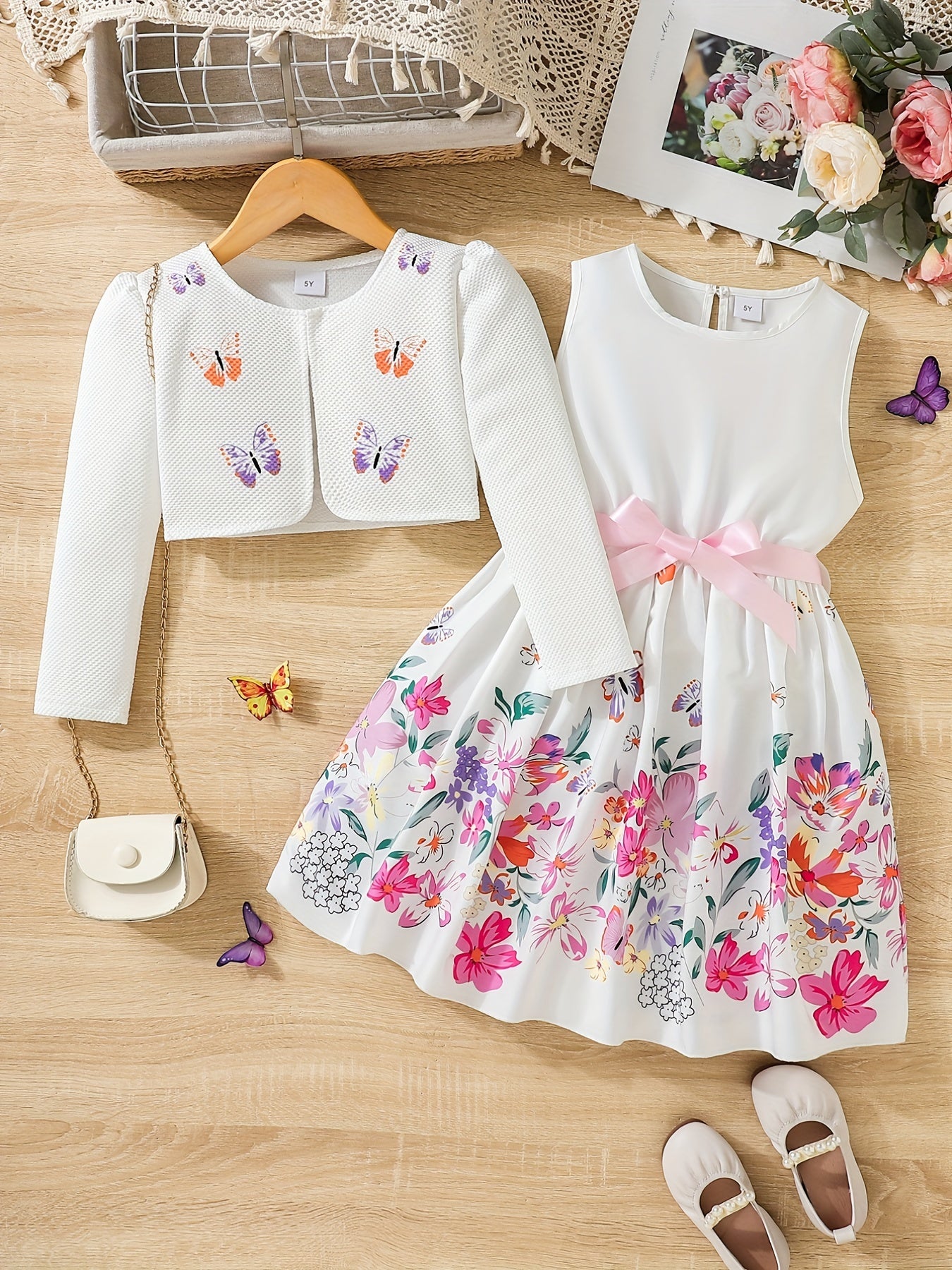 [Cute | Casual] 2pcs Cute Little Girl Butterfly Dresses | Floral Tank Dress And Graphic Cardigan Top Set | for Casual Look, Kids Clothing Gift